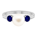 White Pearl and Sapphire 3 Stone Engagement Ring with Diamond