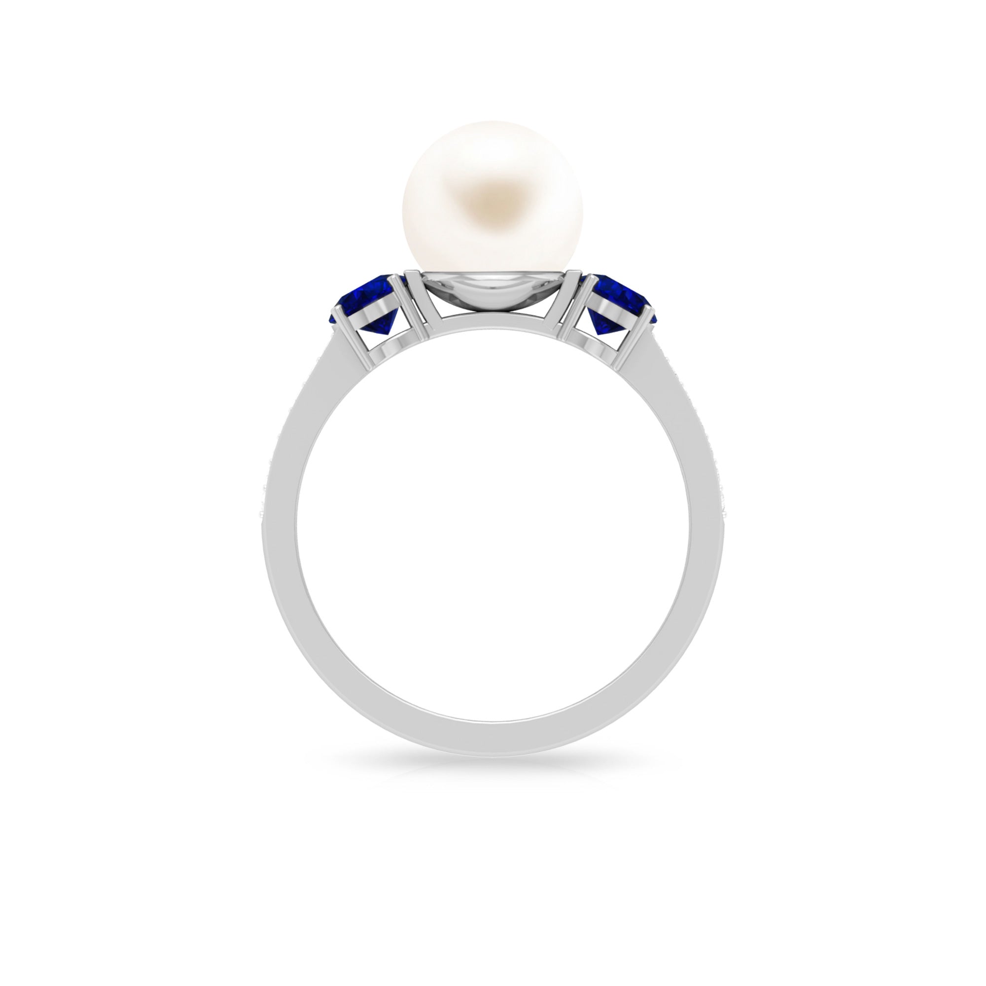 White Pearl and Sapphire 3 Stone Engagement Ring with Diamond