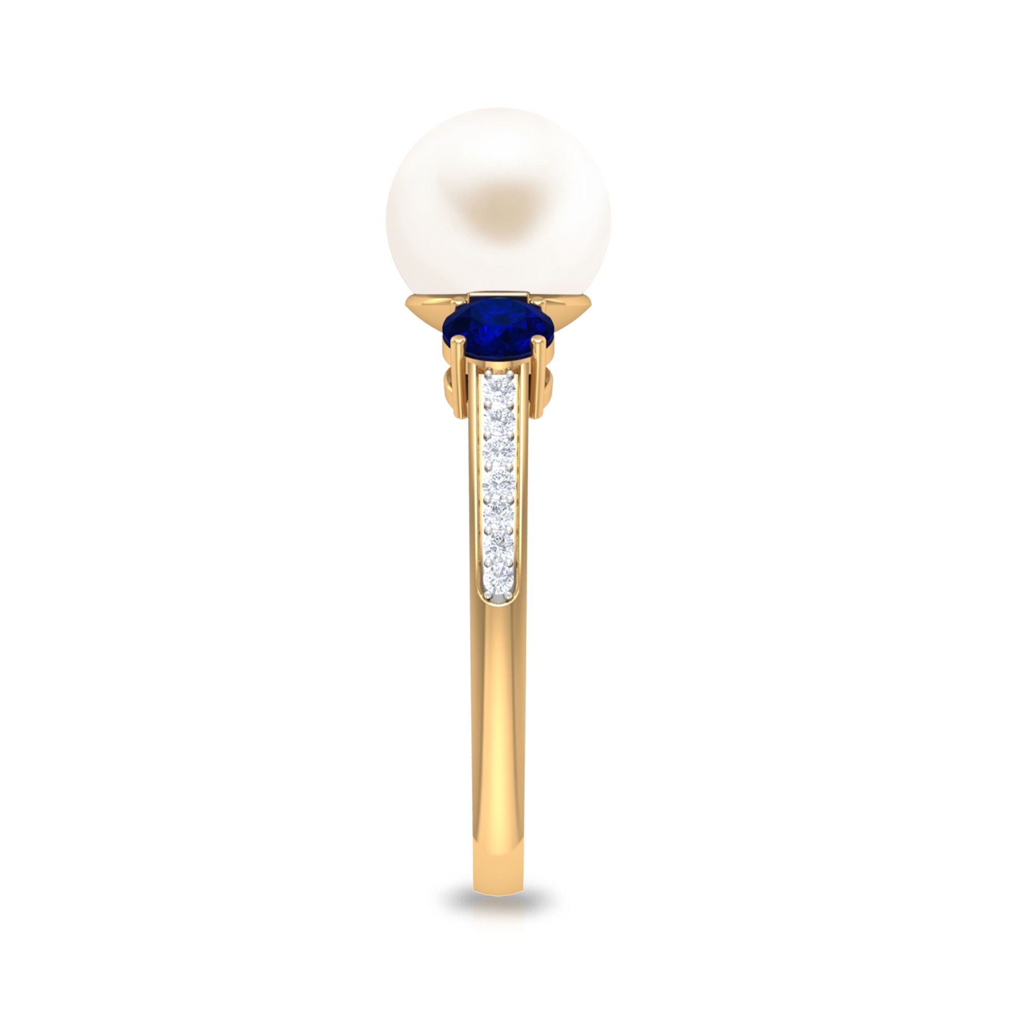 White Pearl and Sapphire 3 Stone Engagement Ring with Diamond
