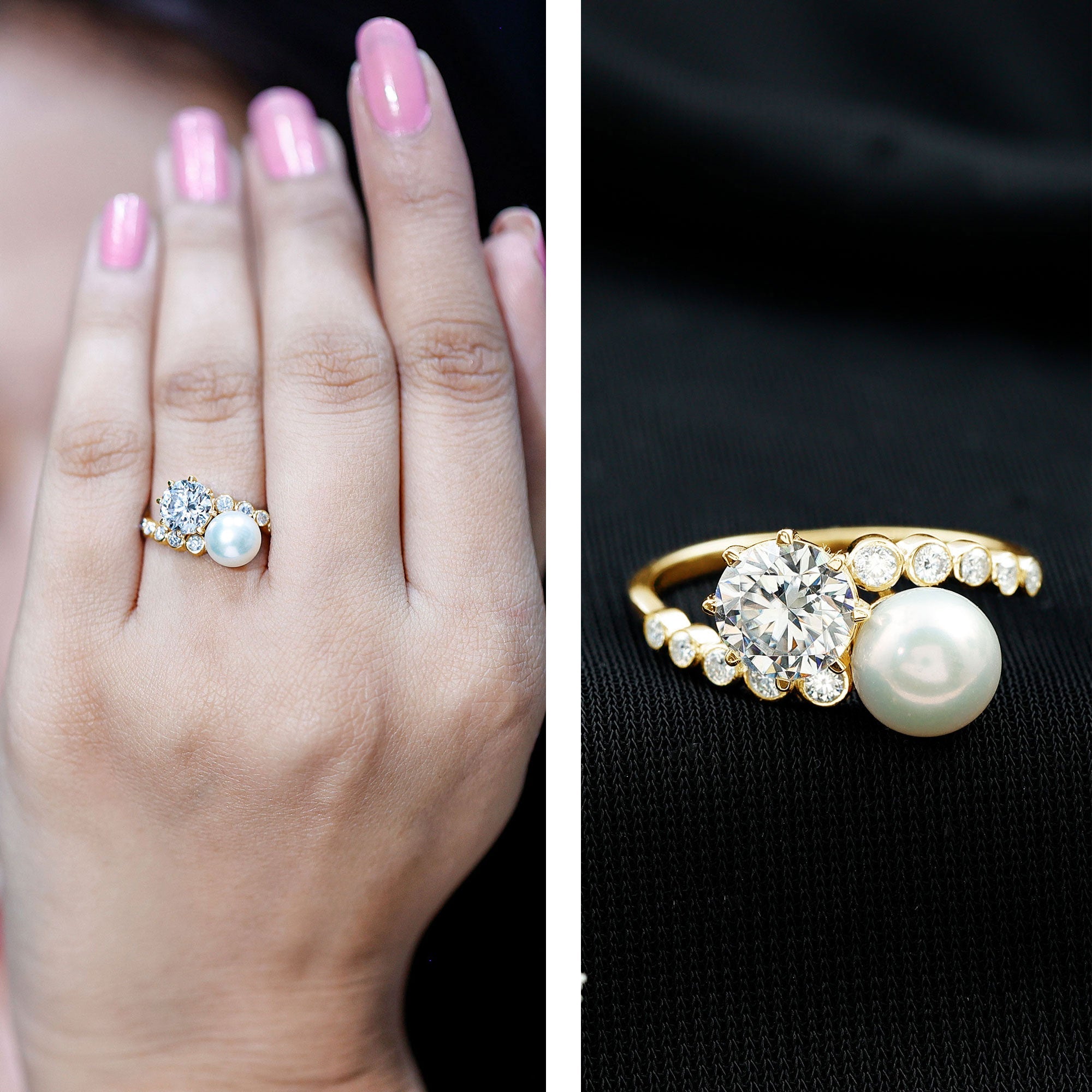 Freshwater Pearl and Moissanite Toi Et Moi Cocktail Ring