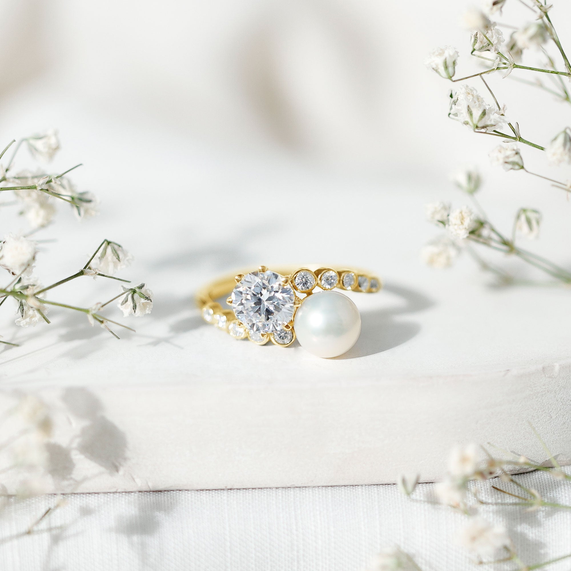 Freshwater Pearl and Moissanite Toi Et Moi Cocktail Ring