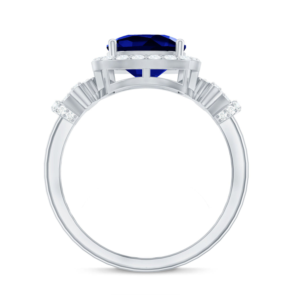 3.5 CT Cushion Cut Created Blue Sapphire Engagement Ring with Diamond Accent