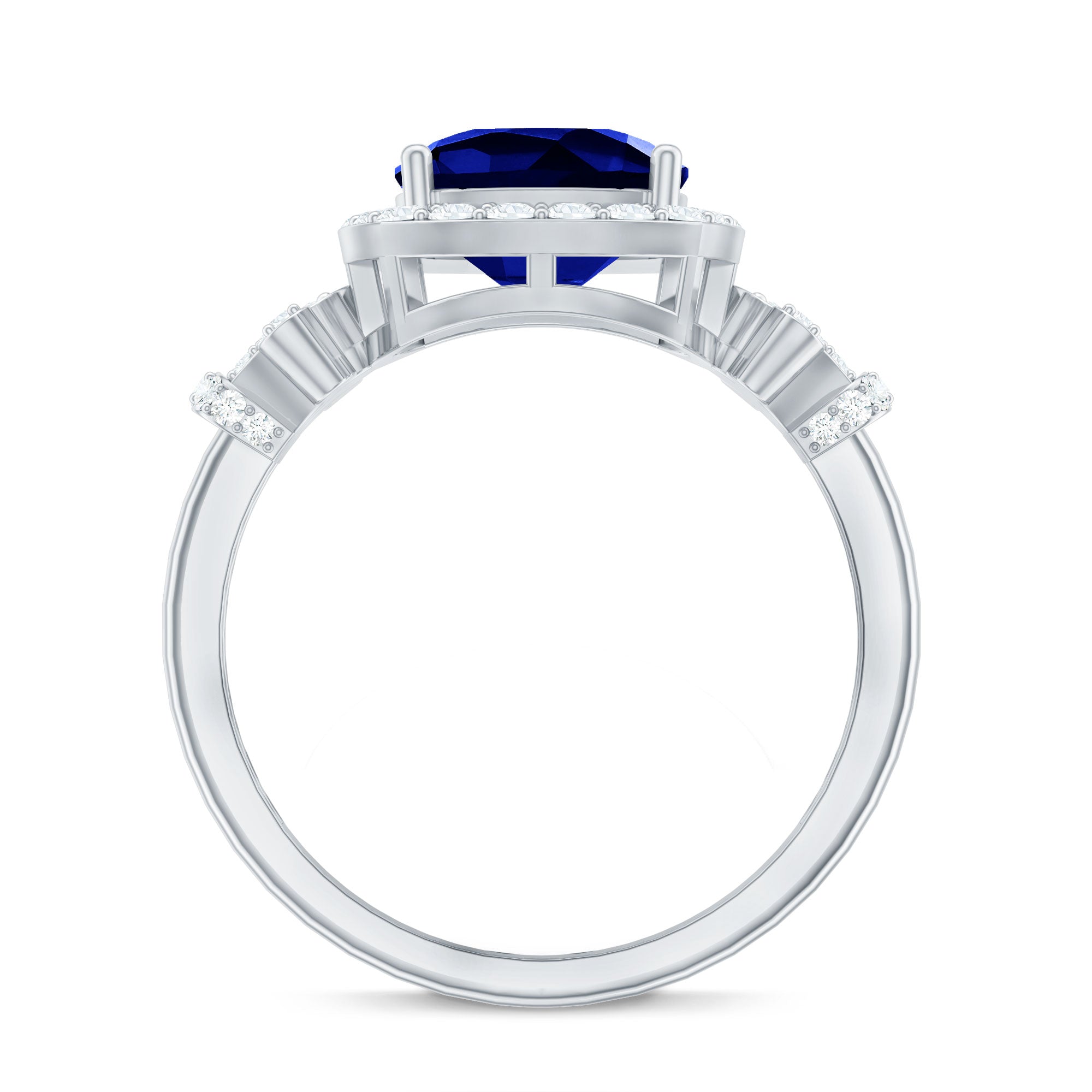 3.5 CT Cushion Cut Created Blue Sapphire Engagement Ring with Diamond Accent