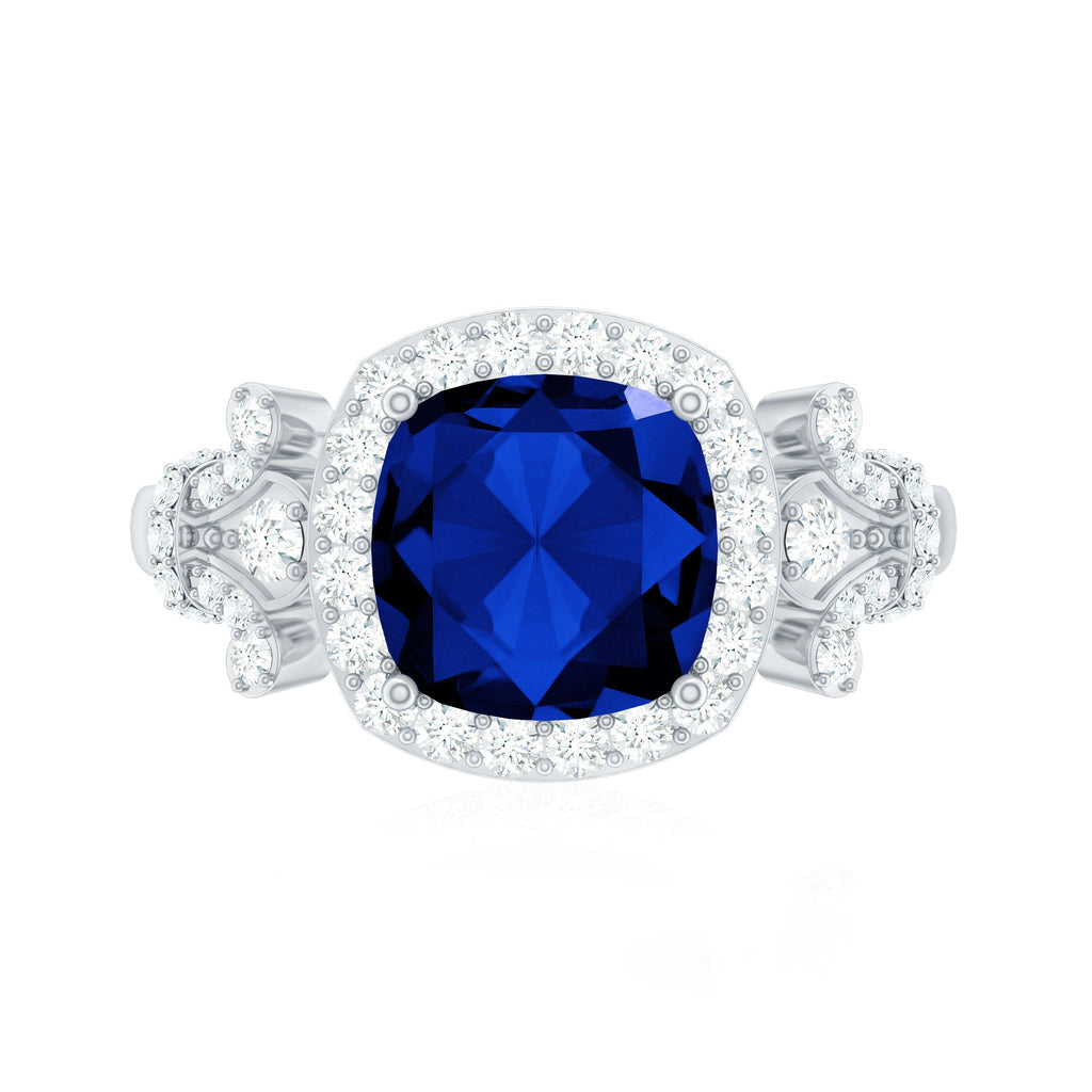 3.5 CT Cushion Cut Created Blue Sapphire Engagement Ring with Diamond Accent