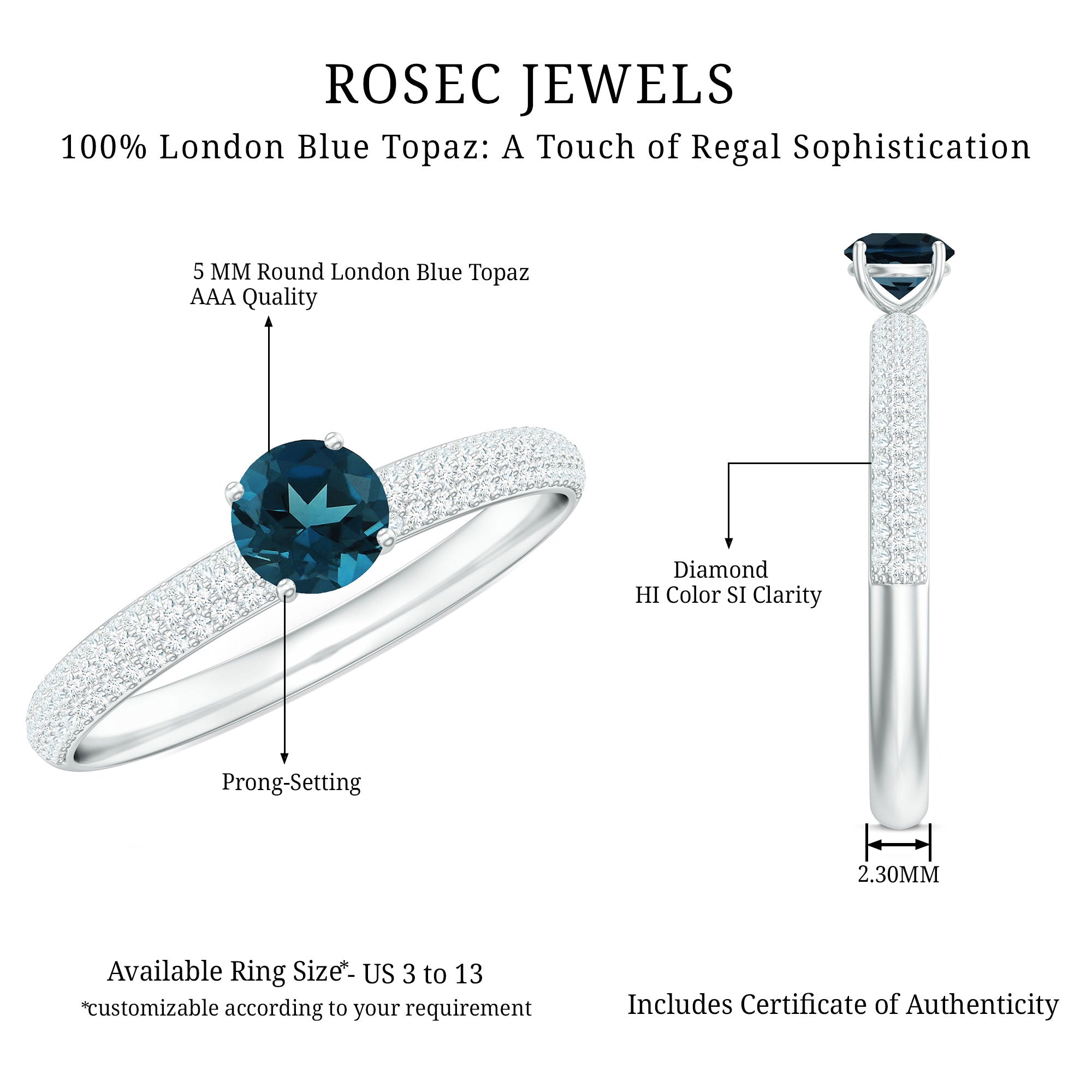 5mm London Blue Topaz Solitaire Promise Ring with Diamond
