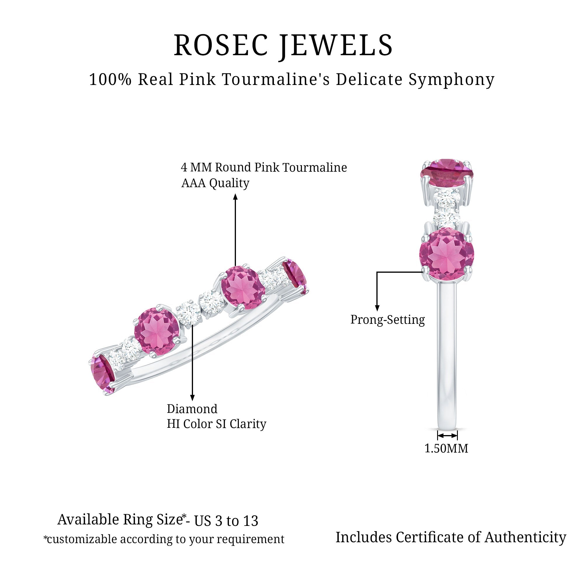 Alternate Semi Eternity Ring with Pink Tourmaline and Diamond