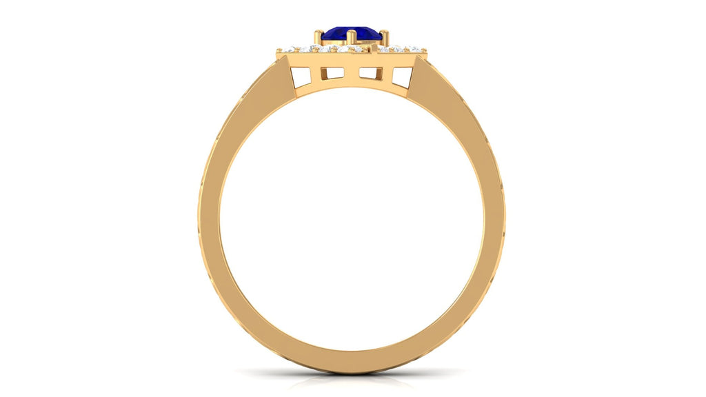 3/4 CT Minimal Blue Sapphire and Diamond Ring with Textured Details