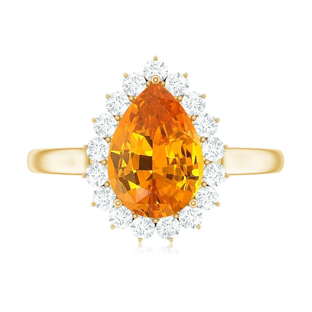 2.5 Carat Lab Grown Orange Sapphire Teardrop Engagement Ring with Diamond Halo