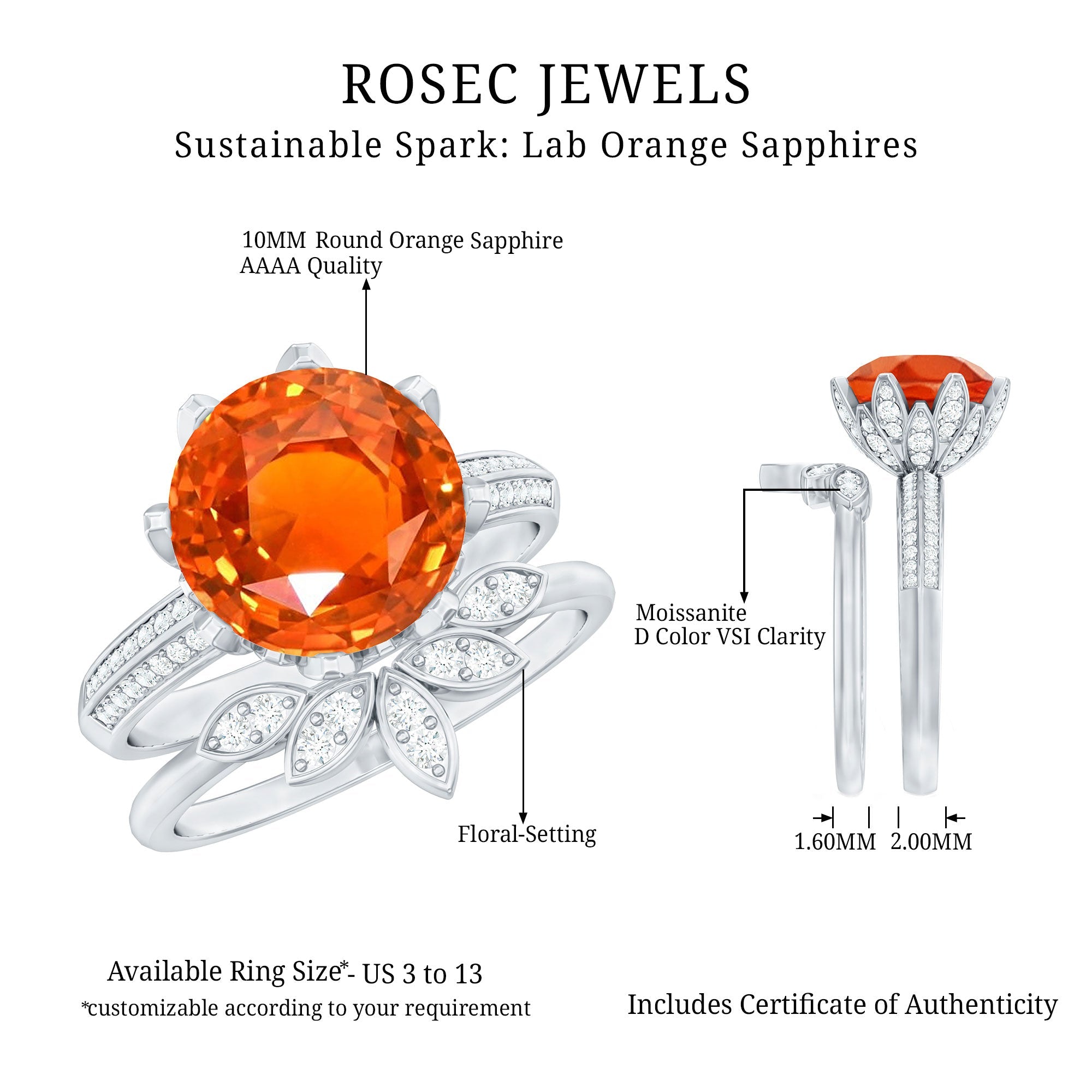 Nature Inspired 4.5 Carat Lab Grown Orange Sapphire Engagement Ring with Enhancer