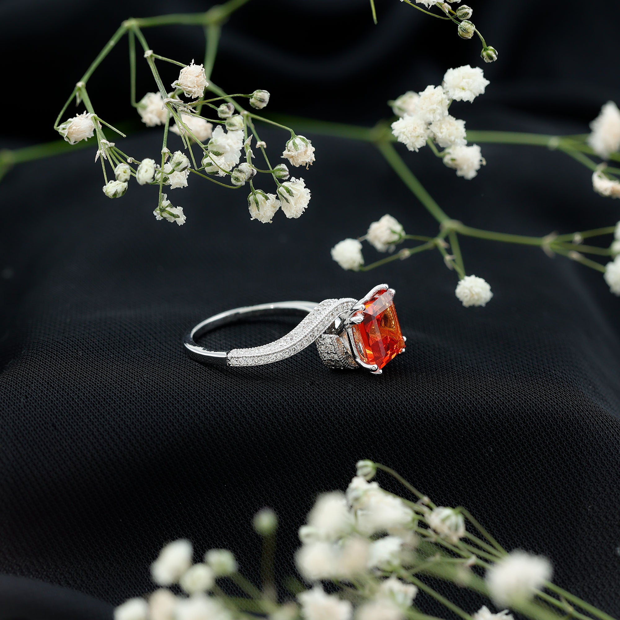 2.75 Carat Princess Cut Lab Grown Orange Sapphire Engagement Ring with Diamond Bypass Shank