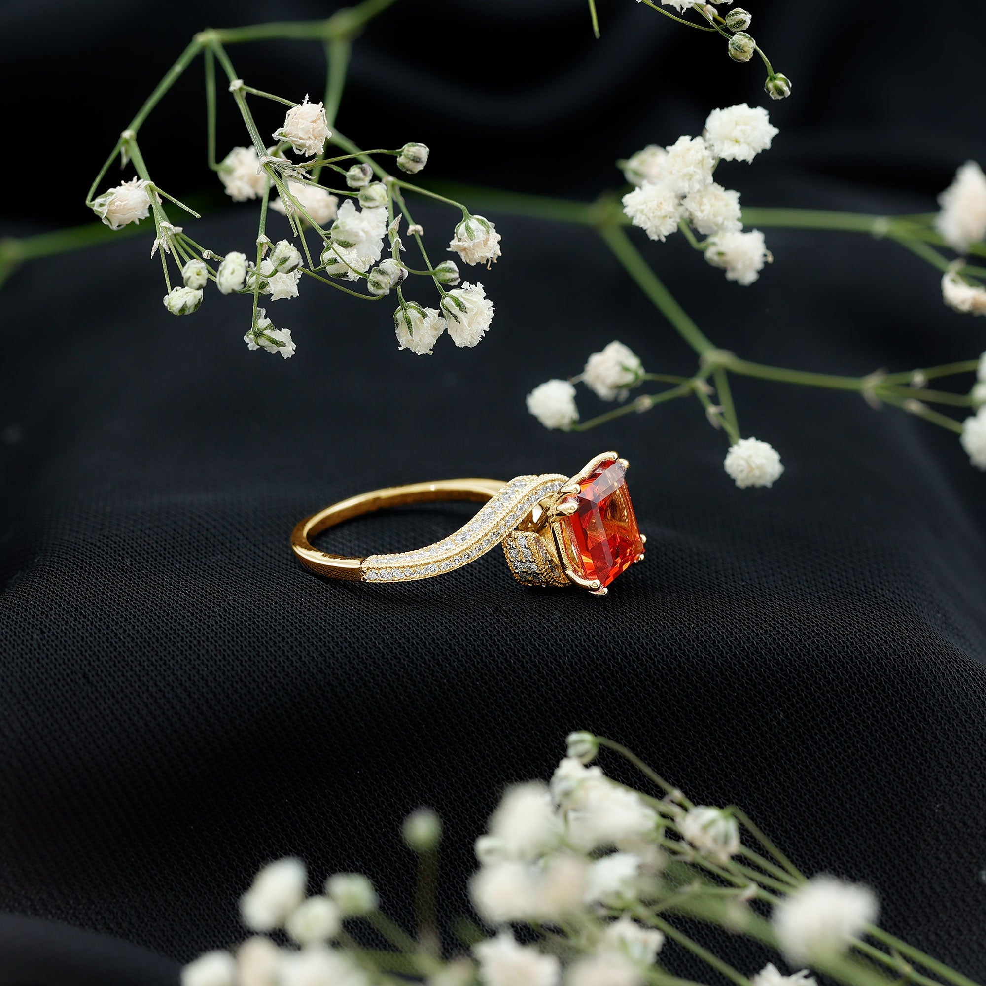 2.75 Carat Princess Cut Lab Grown Orange Sapphire Engagement Ring with Diamond Bypass Shank