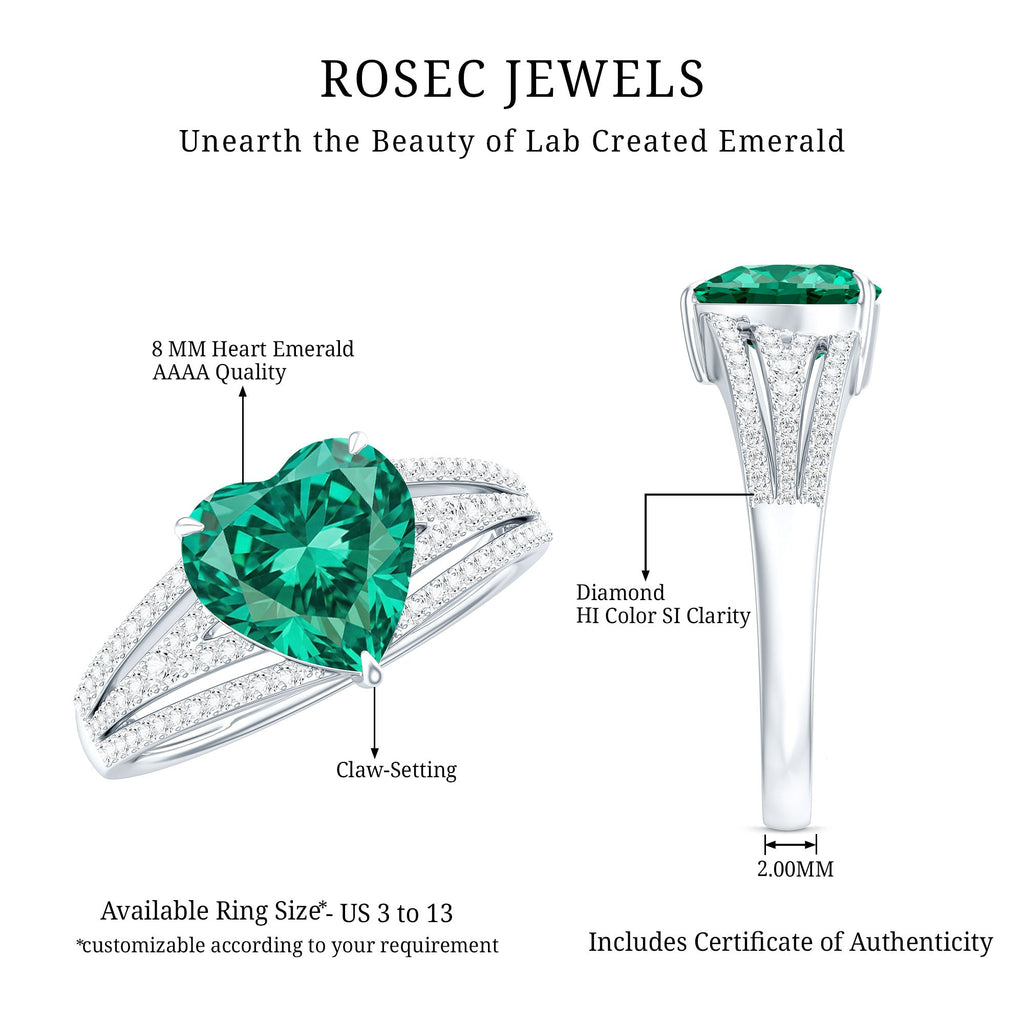 Designer 8 mm Lab Grown Emerald Heart Engagement Ring With Diamonds