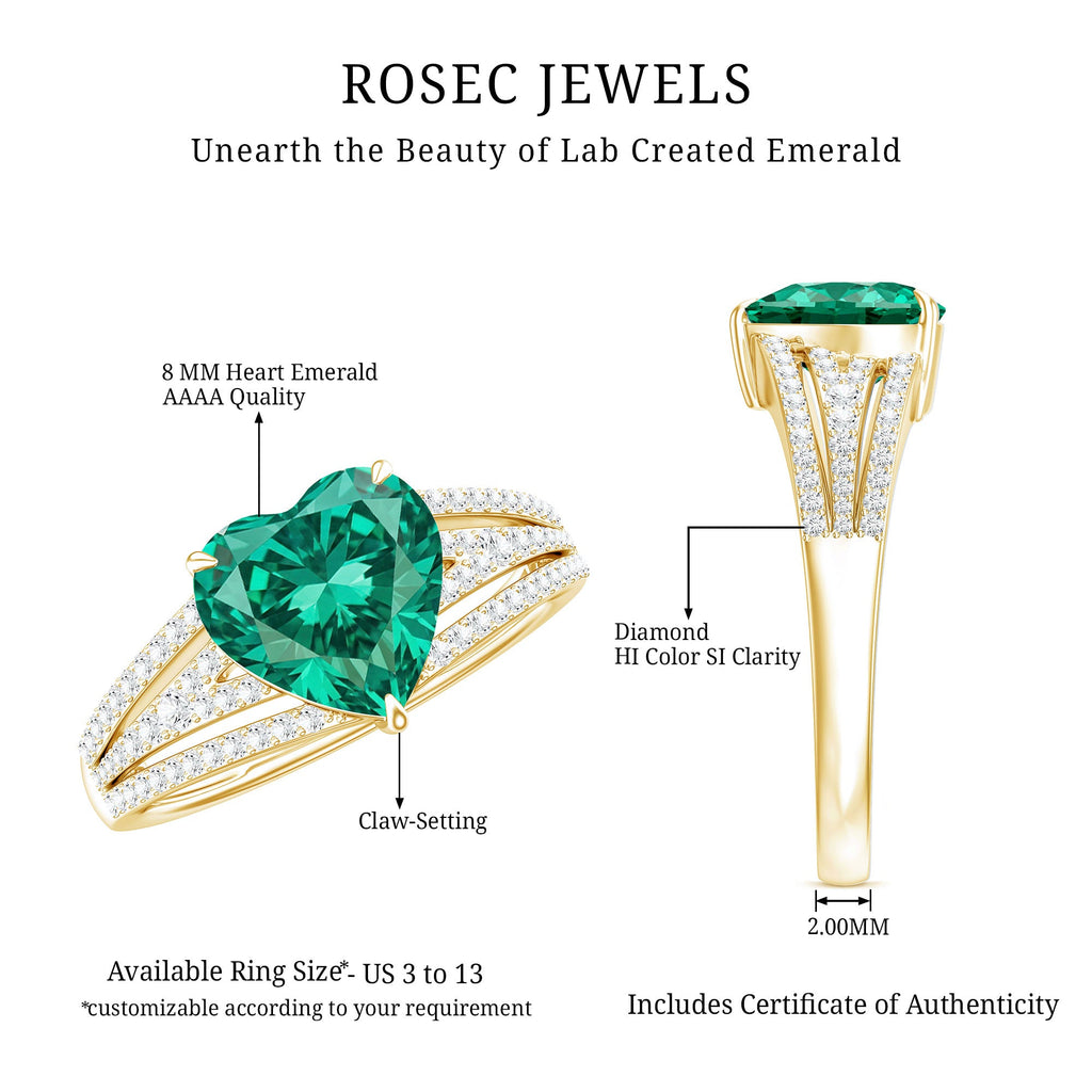 Designer 8 mm Lab Grown Emerald Heart Engagement Ring With Diamonds