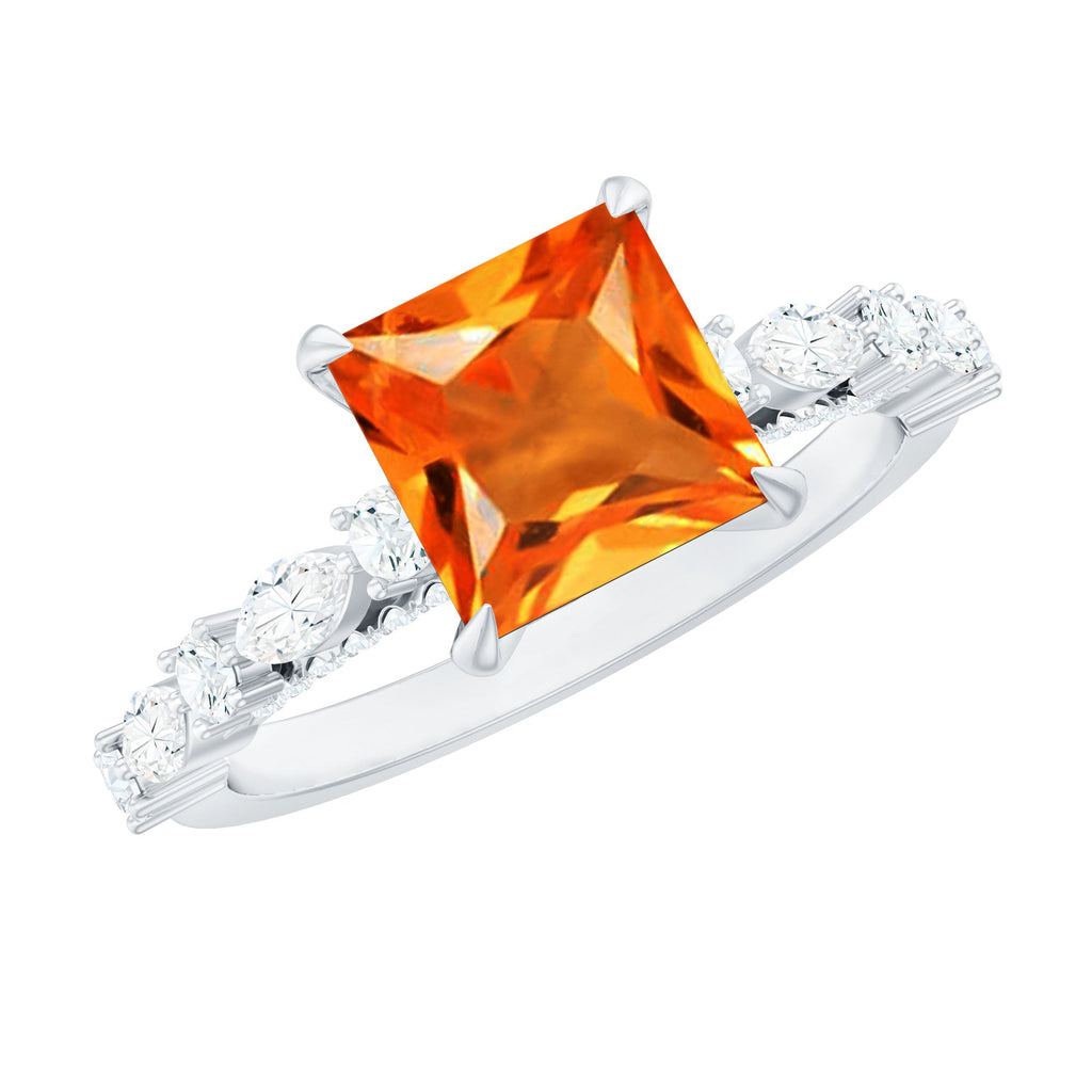 2.75 Carat Lab Grown Orange Sapphire Princess Cut Engagement Ring with Side Stones