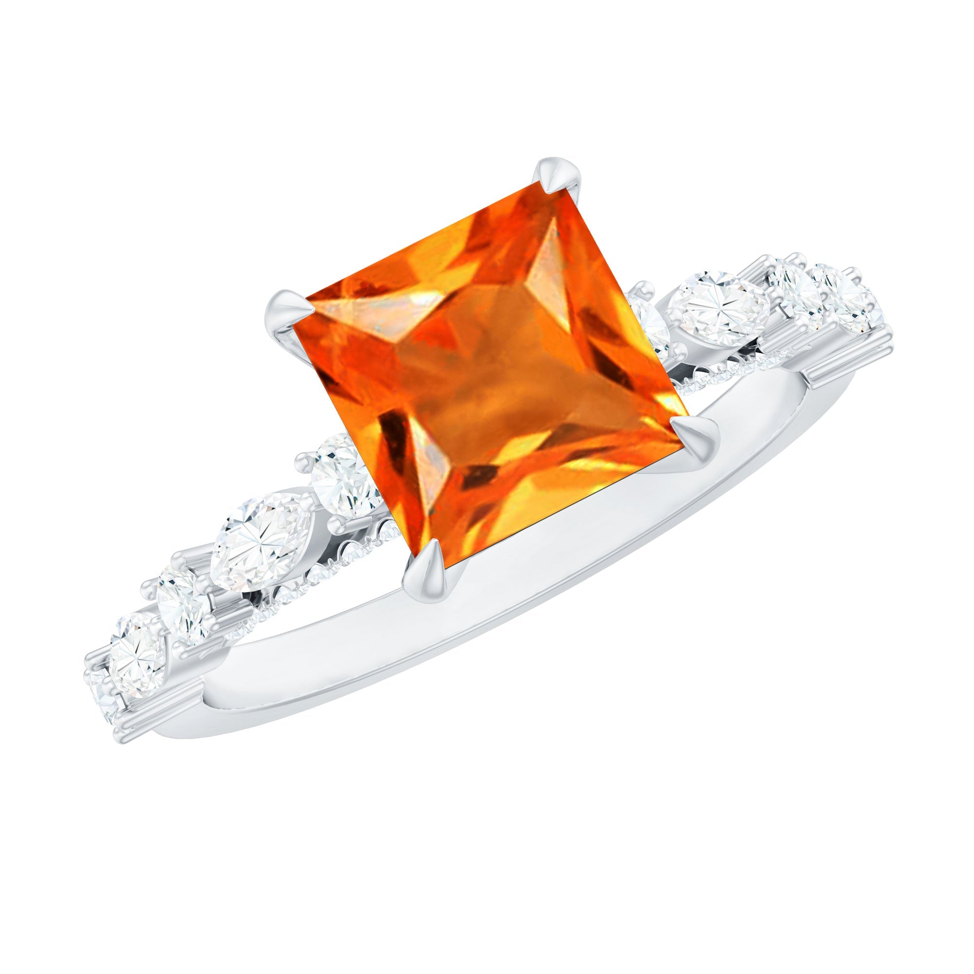 2.75 Carat Lab Grown Orange Sapphire Princess Cut Engagement Ring with Side Stones