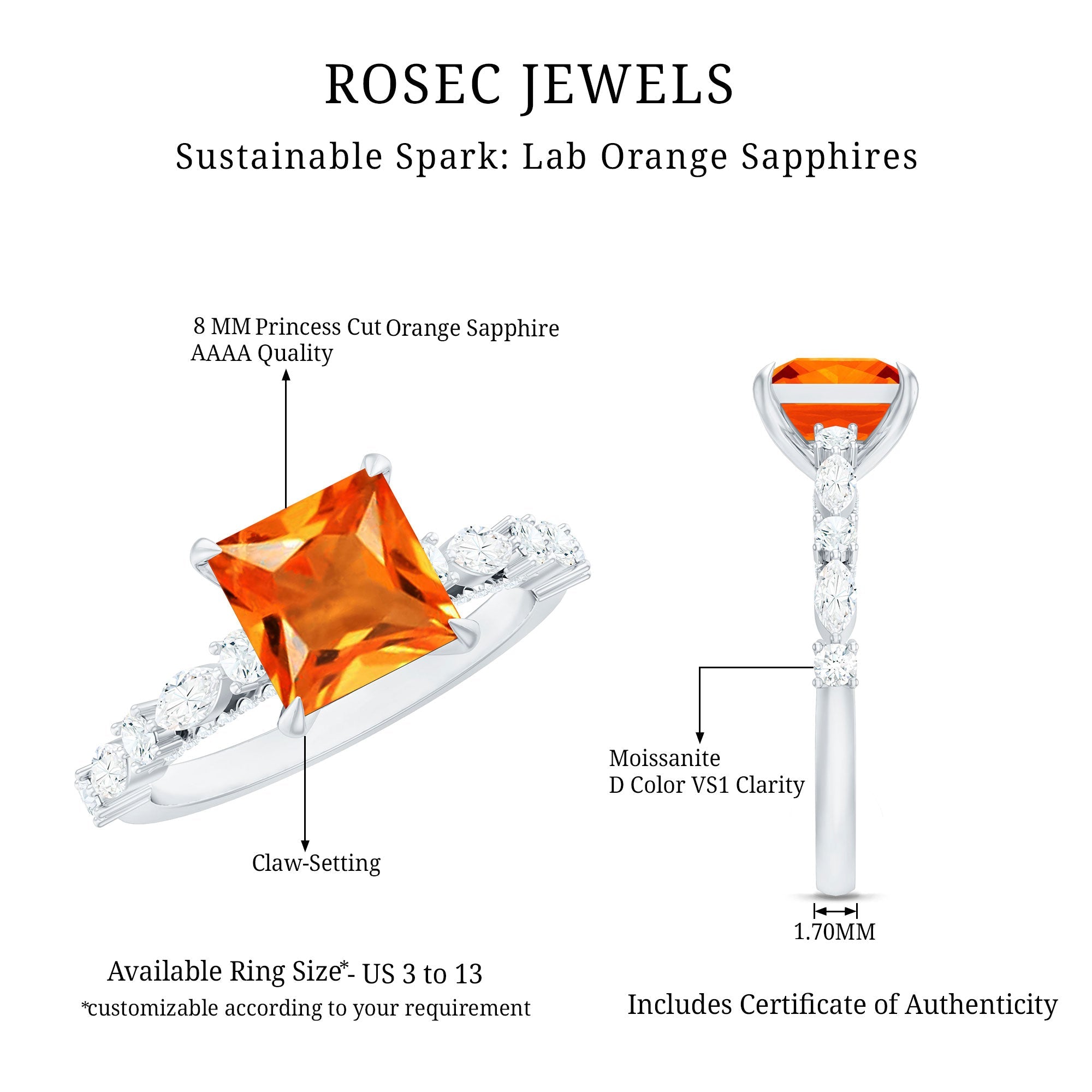 2.75 Carat Lab Grown Orange Sapphire Princess Cut Engagement Ring with Side Stones