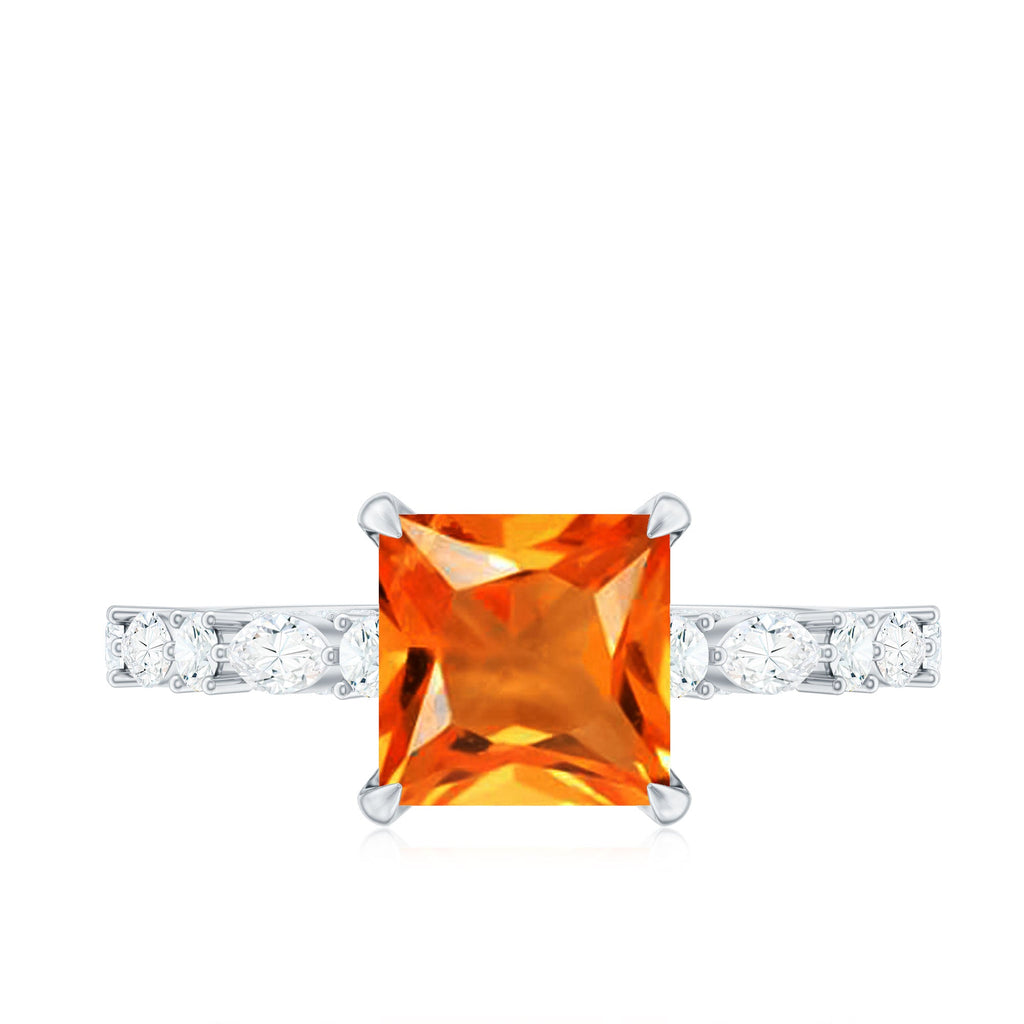 2.75 Carat Lab Grown Orange Sapphire Princess Cut Engagement Ring with Side Stones