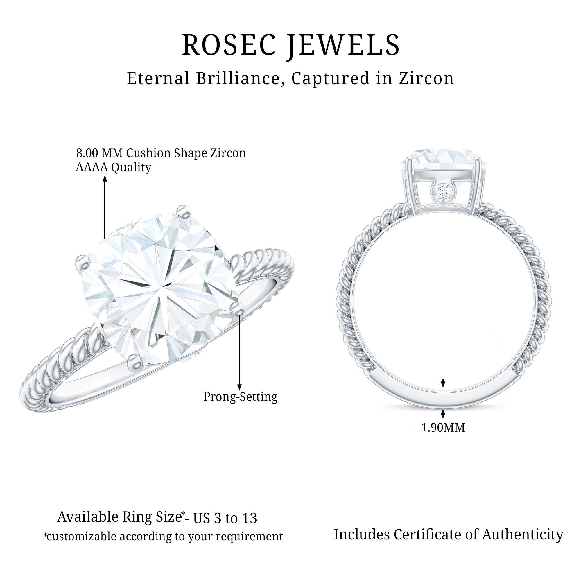 Cushion Cut Cubic Zirconia Solitaire Engagement Ring