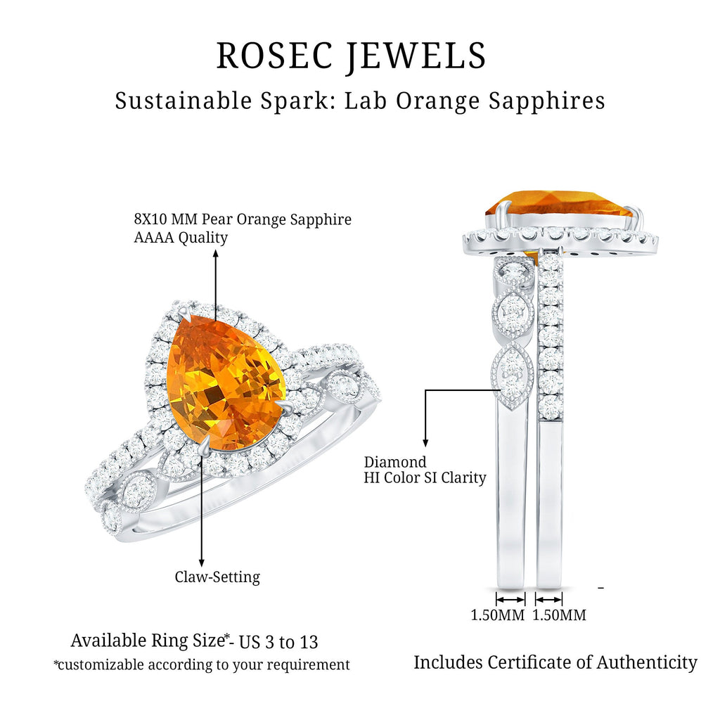 Pear Shaped Lab Grown Orange Sapphire Wedding Ring Set of 2 with Diamond