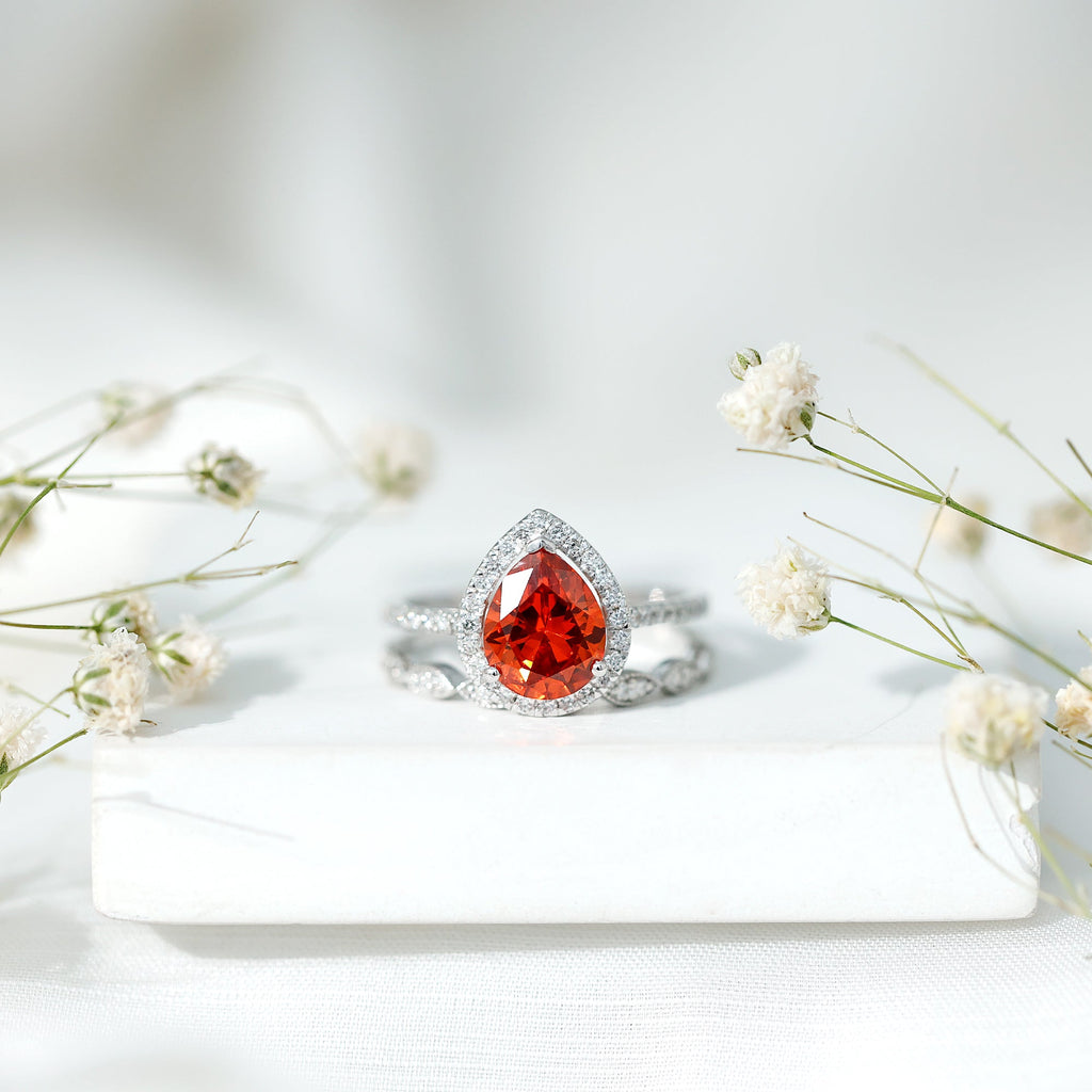 Pear Shaped Lab Grown Orange Sapphire Wedding Ring Set of 2 with Diamond