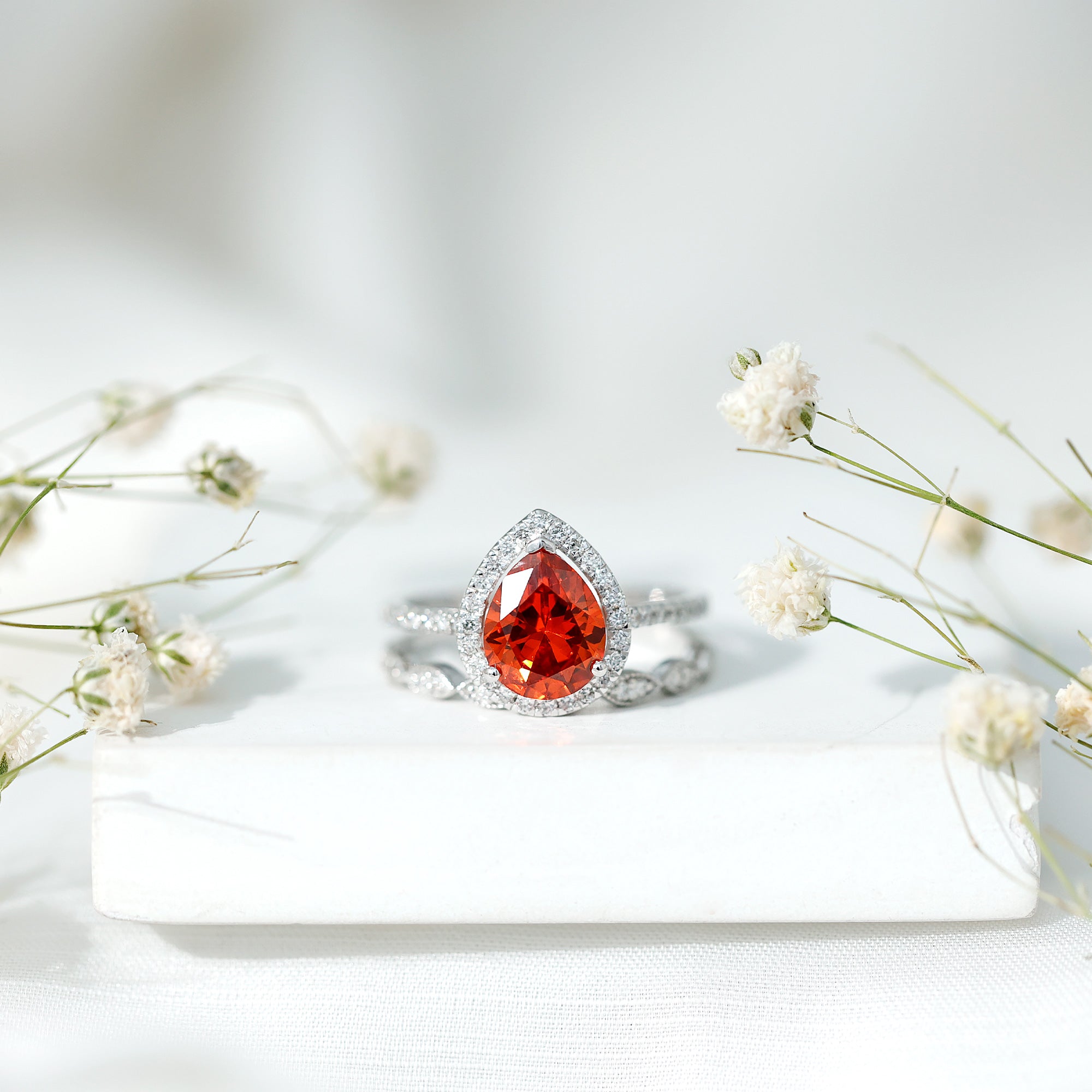 Pear Shaped Lab Grown Orange Sapphire Wedding Ring Set of 2 with Diamond