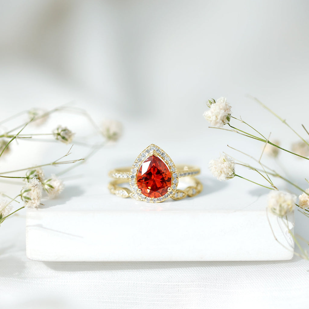 Pear Shaped Lab Grown Orange Sapphire Wedding Ring Set of 2 with Diamond