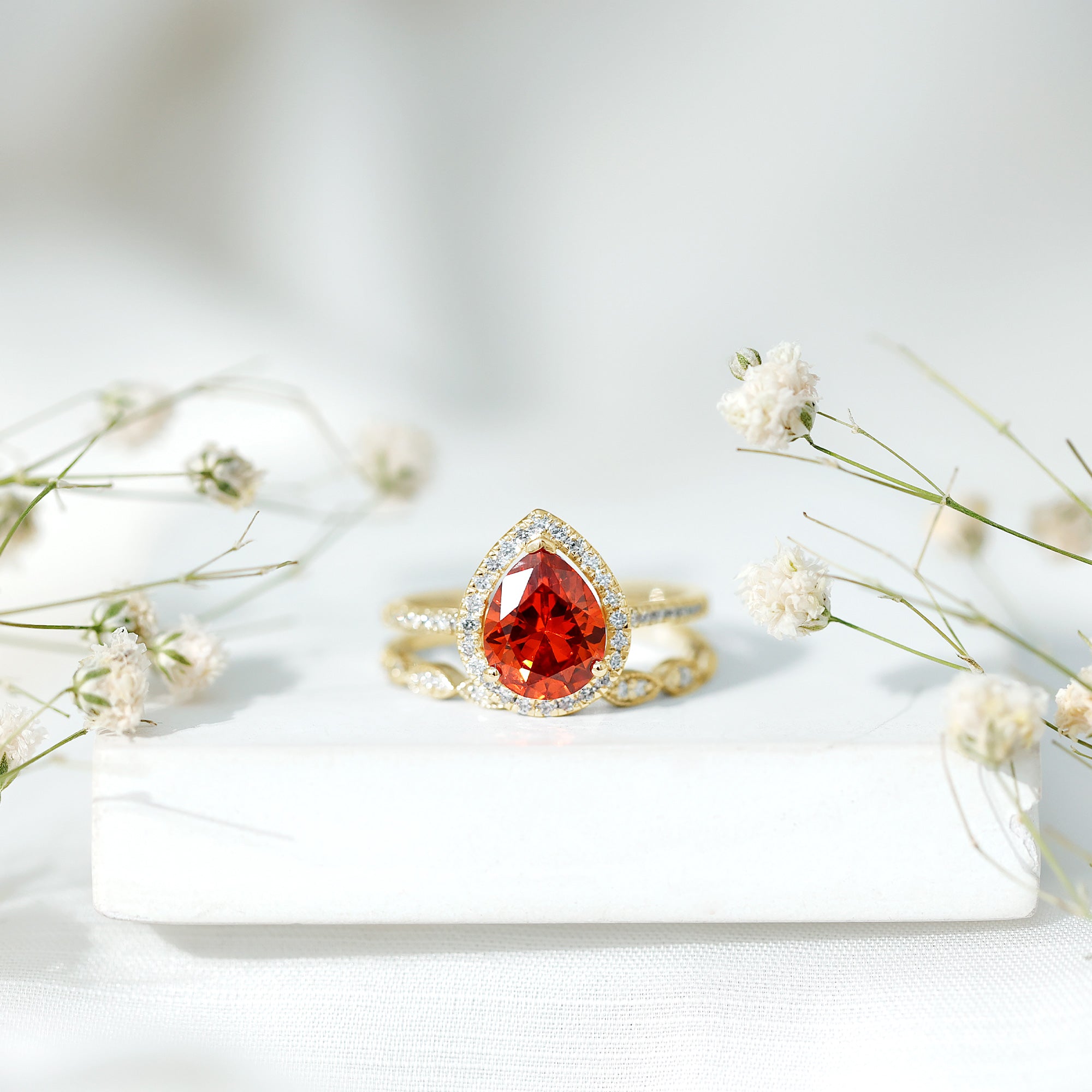 Pear Shaped Lab Grown Orange Sapphire Wedding Ring Set of 2 with Diamond