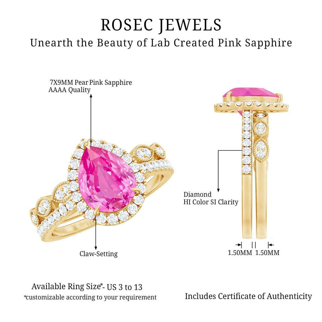 Lab Grown Pink Sapphire Pear Shaped Engagement Ring Set