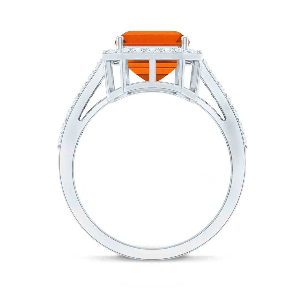 2.75 Carat Lab Grown Orange Sapphire Emerald Cut Engagement Ring with Diamond Halo