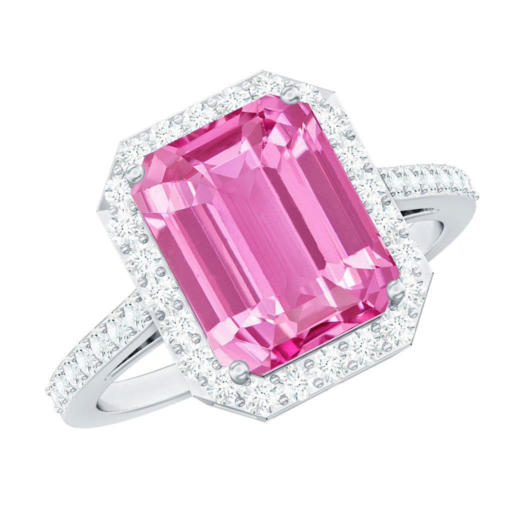 2.75 Carat Lab Grown Pink Sapphire Emerald Cut Engagement Ring with Diamond