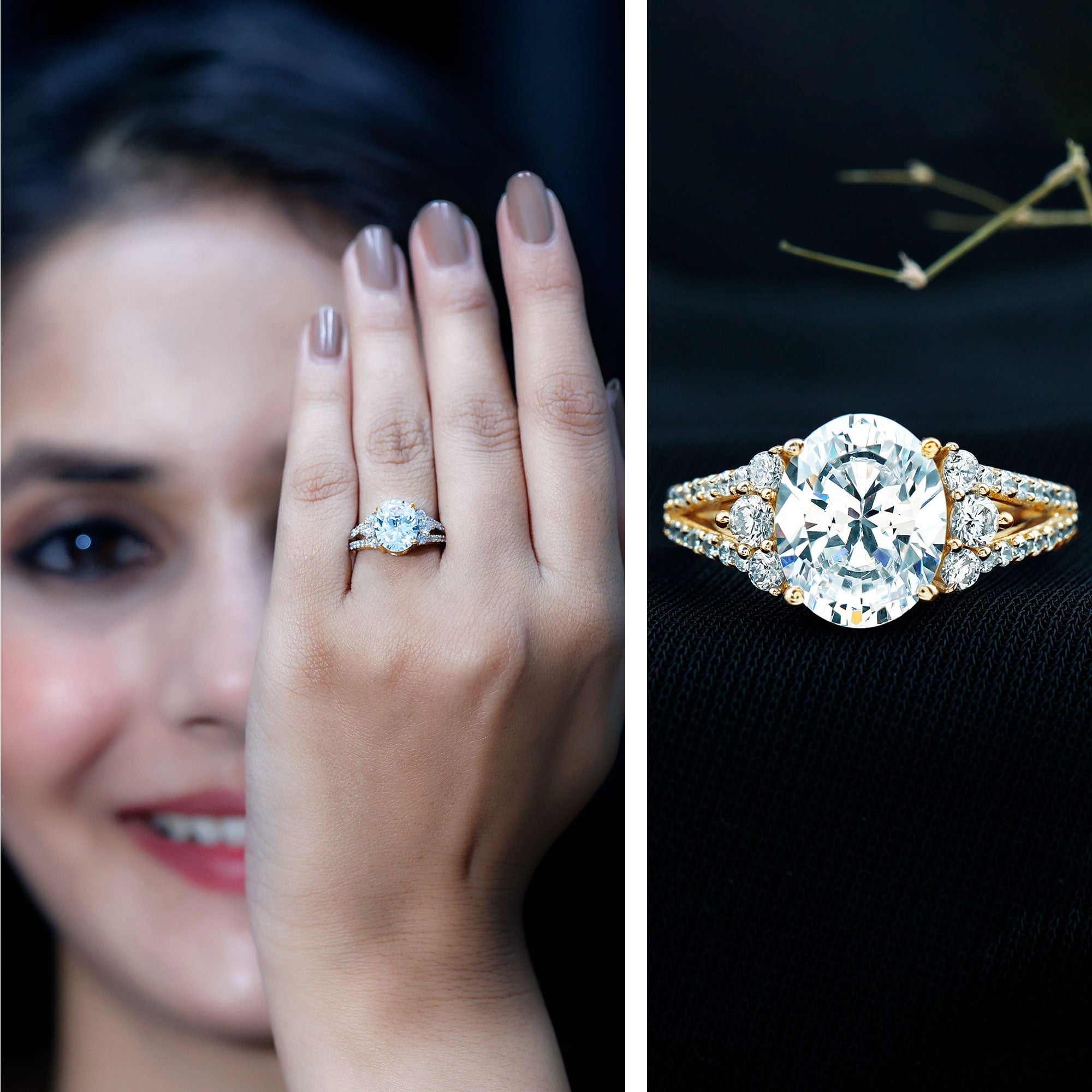 Solitaire Cubic Zirconia Oval Engagement Ring with Side Stones