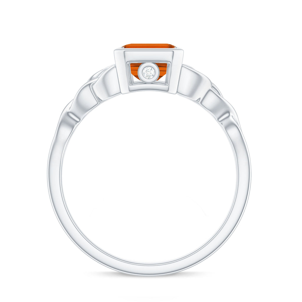 1.75 Carat Emerald Cut Lab Grown Orange Sapphire Diamond Bezel Set Engagement Ring
