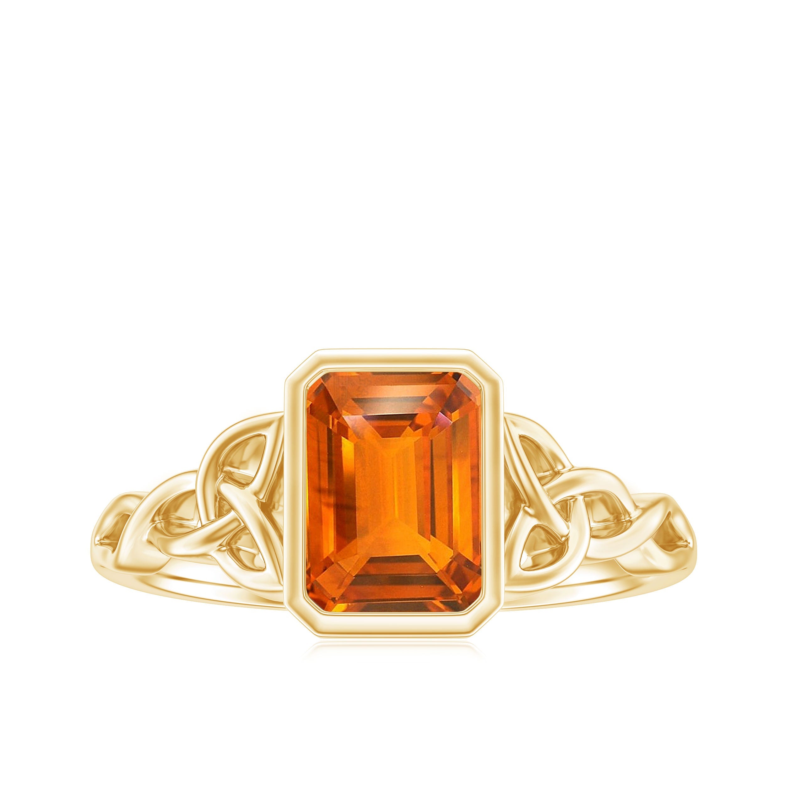 1.75 Carat Emerald Cut Lab Grown Orange Sapphire Diamond Bezel Set Engagement Ring