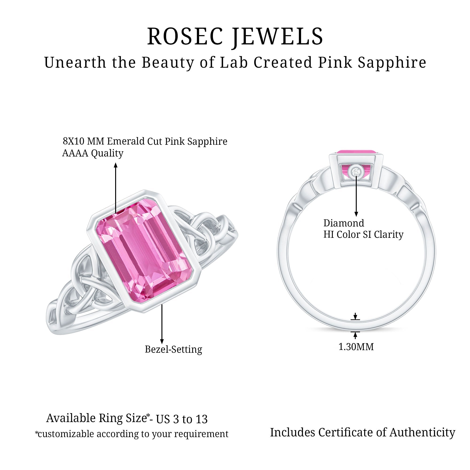 2.7 carat Emerald Cut Lab Created Pink Sapphire Celtic Engagement Ring