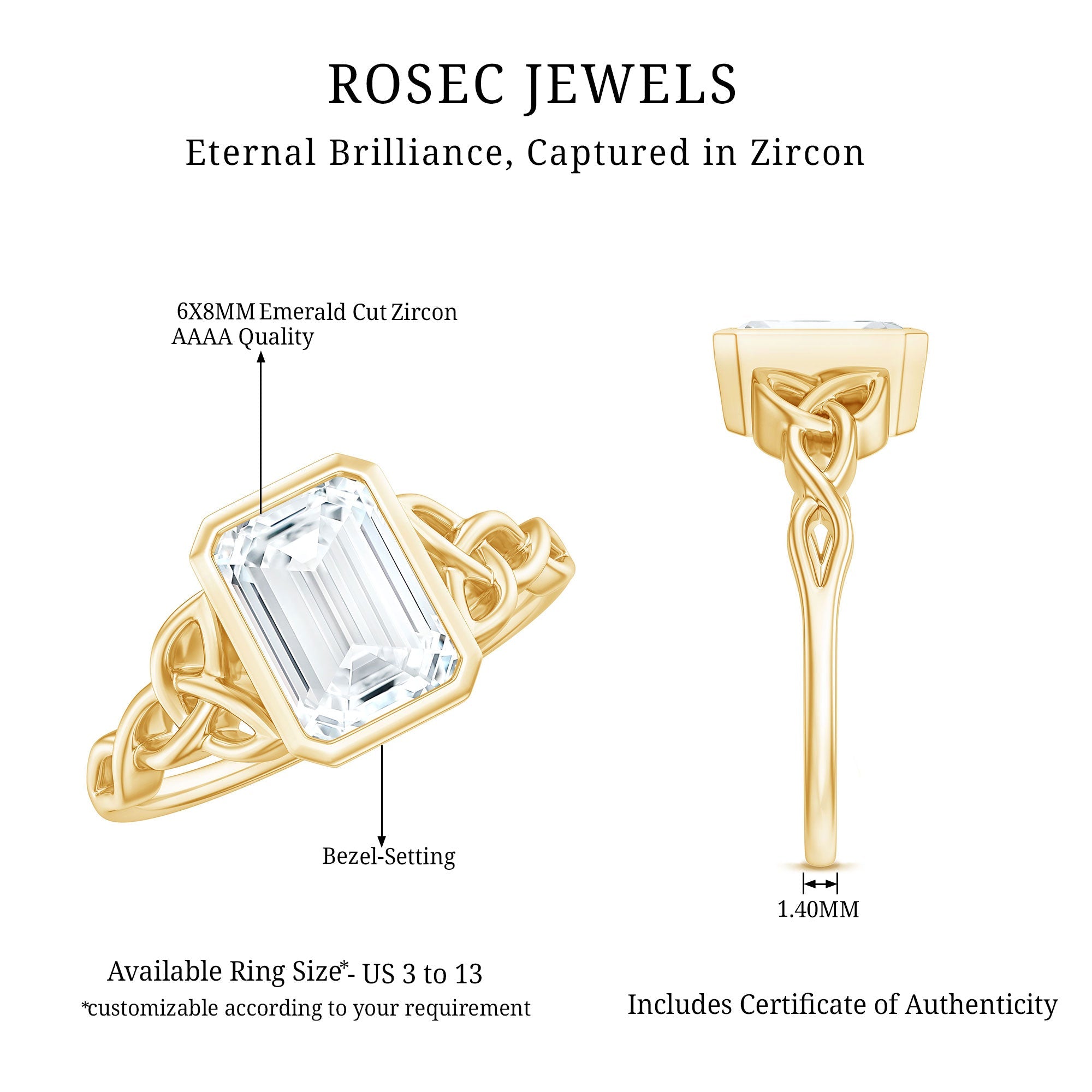 Emerald Cut Zircon Celtic Solitaire Engagement Ring
