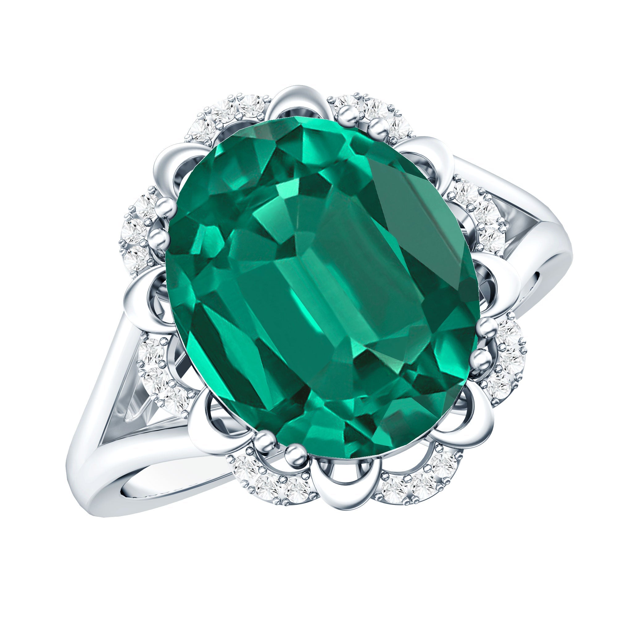 Vintage Looking 10X12mm Lab Created Emerald Engagement Ring with Diamond