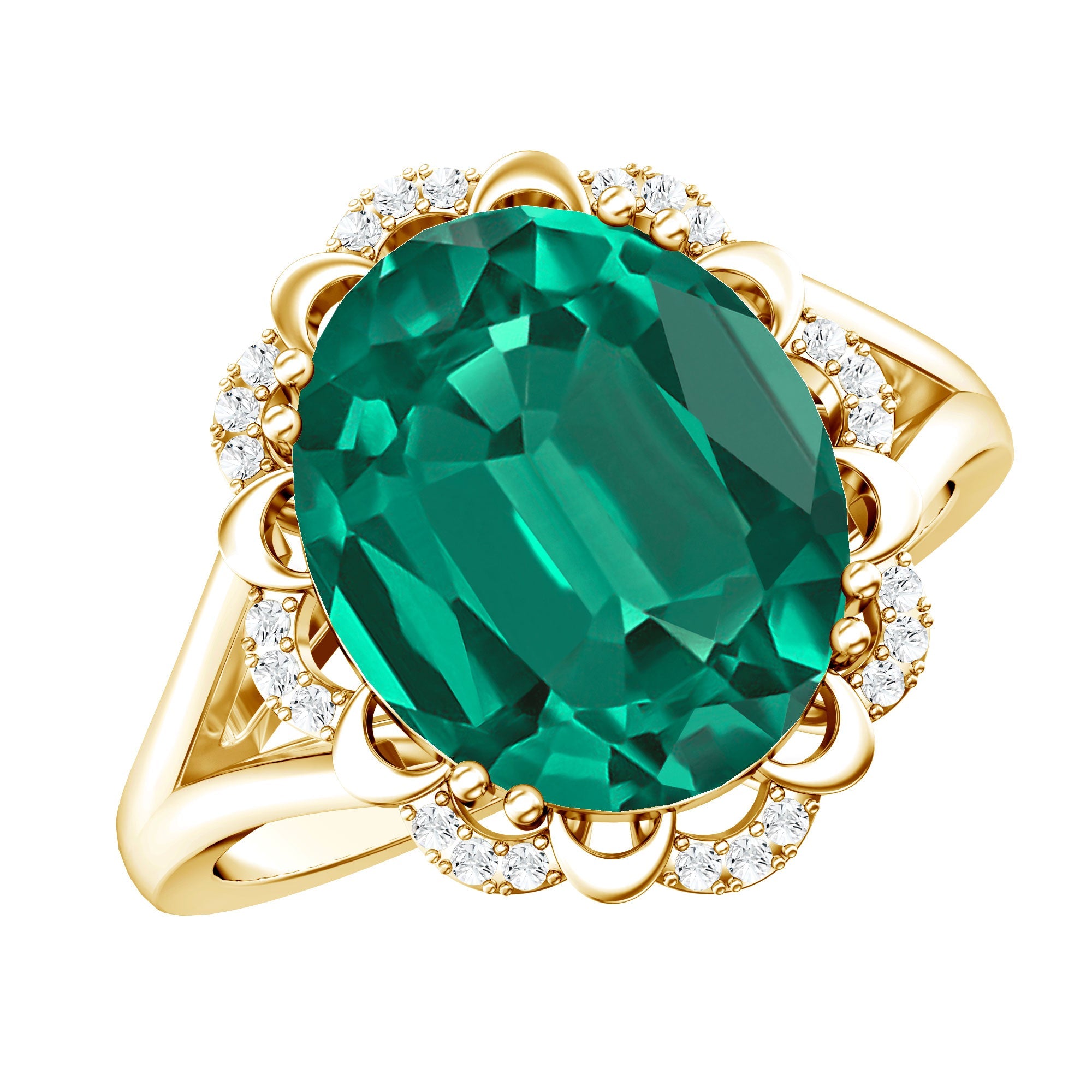 Vintage Looking 10X12mm Lab Created Emerald Engagement Ring with Diamond
