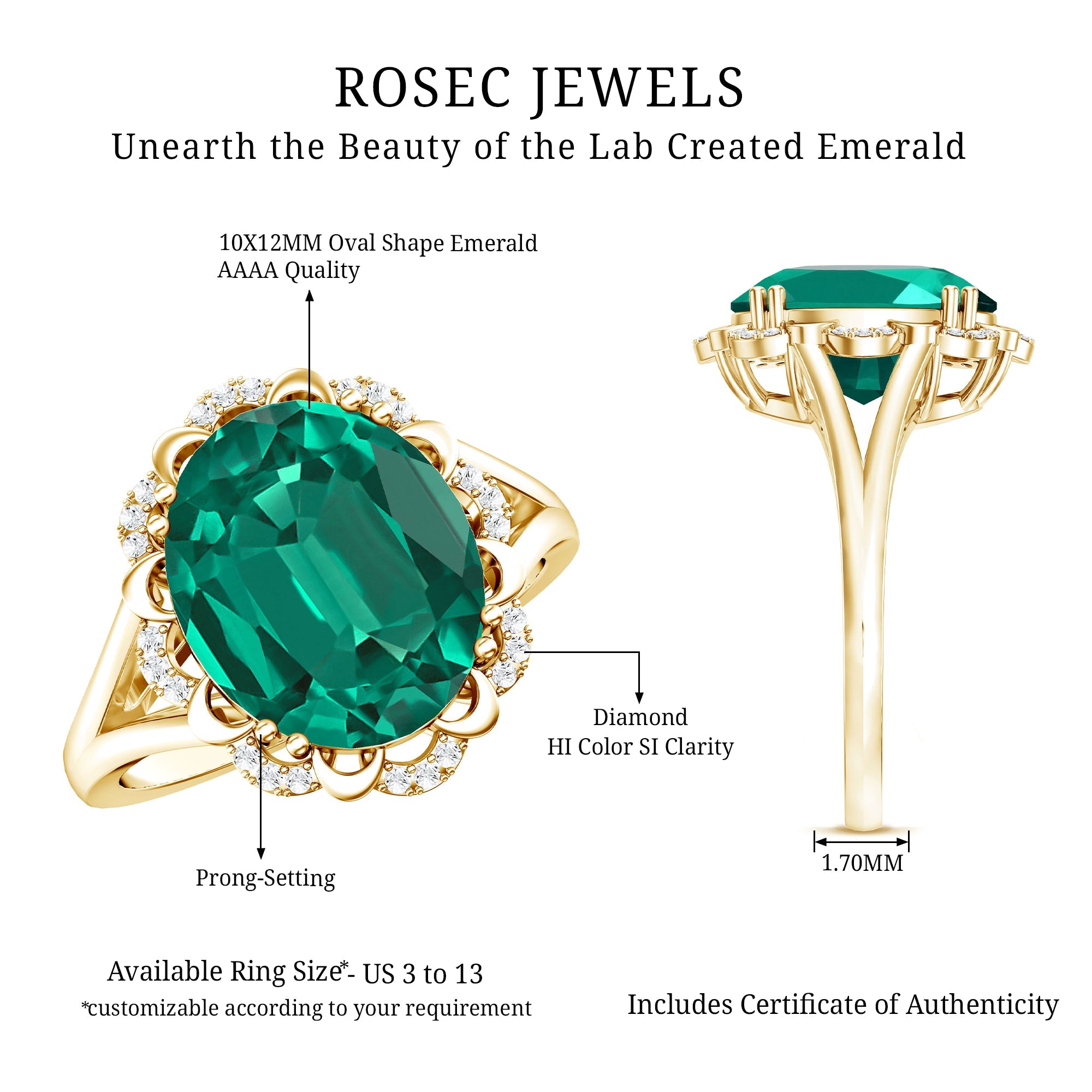 Vintage Looking 10X12mm Lab Created Emerald Engagement Ring with Diamond