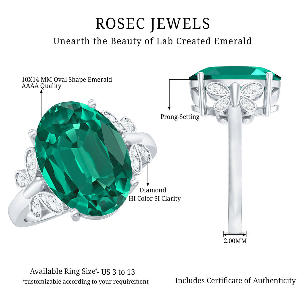 Certified 10X14 mm Lab Grown Emerald Statement Engagement Ring with Diamond