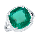 Certified 12 mm Lab Grown Emerald Cushion Cut Engagement with Diamond Halo