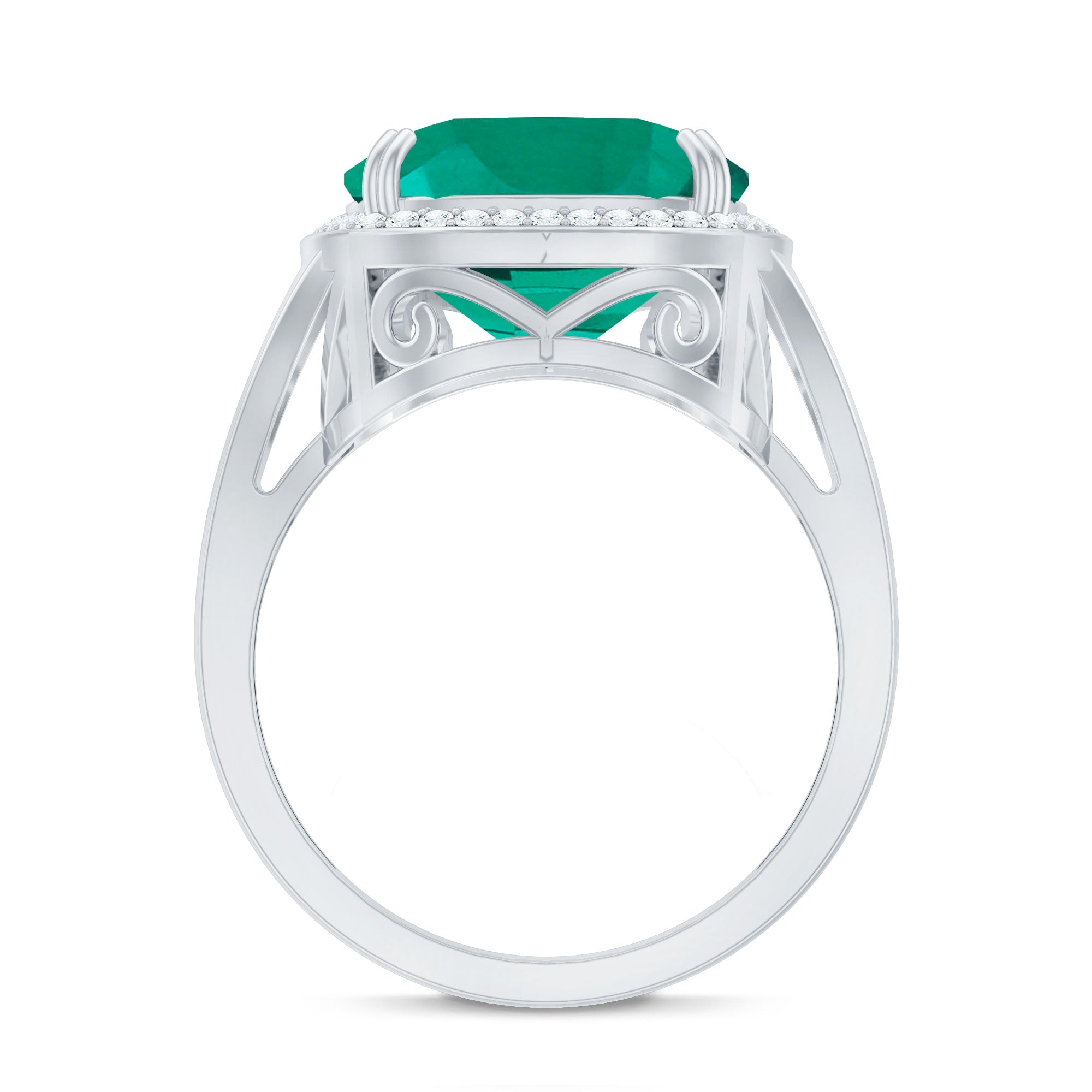Certified 12 mm Lab Grown Emerald Cushion Cut Engagement with Diamond Halo