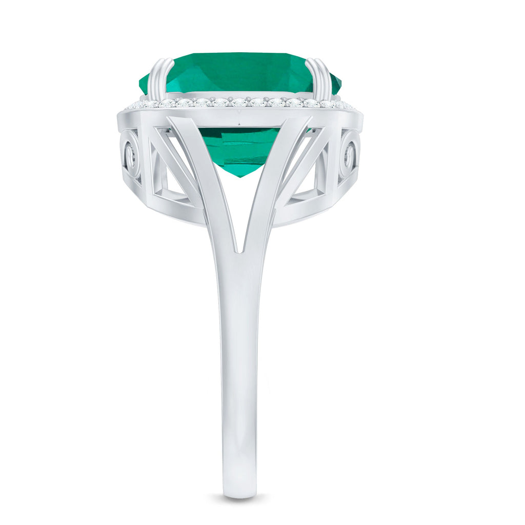 Certified 12 mm Lab Grown Emerald Cushion Cut Engagement with Diamond Halo