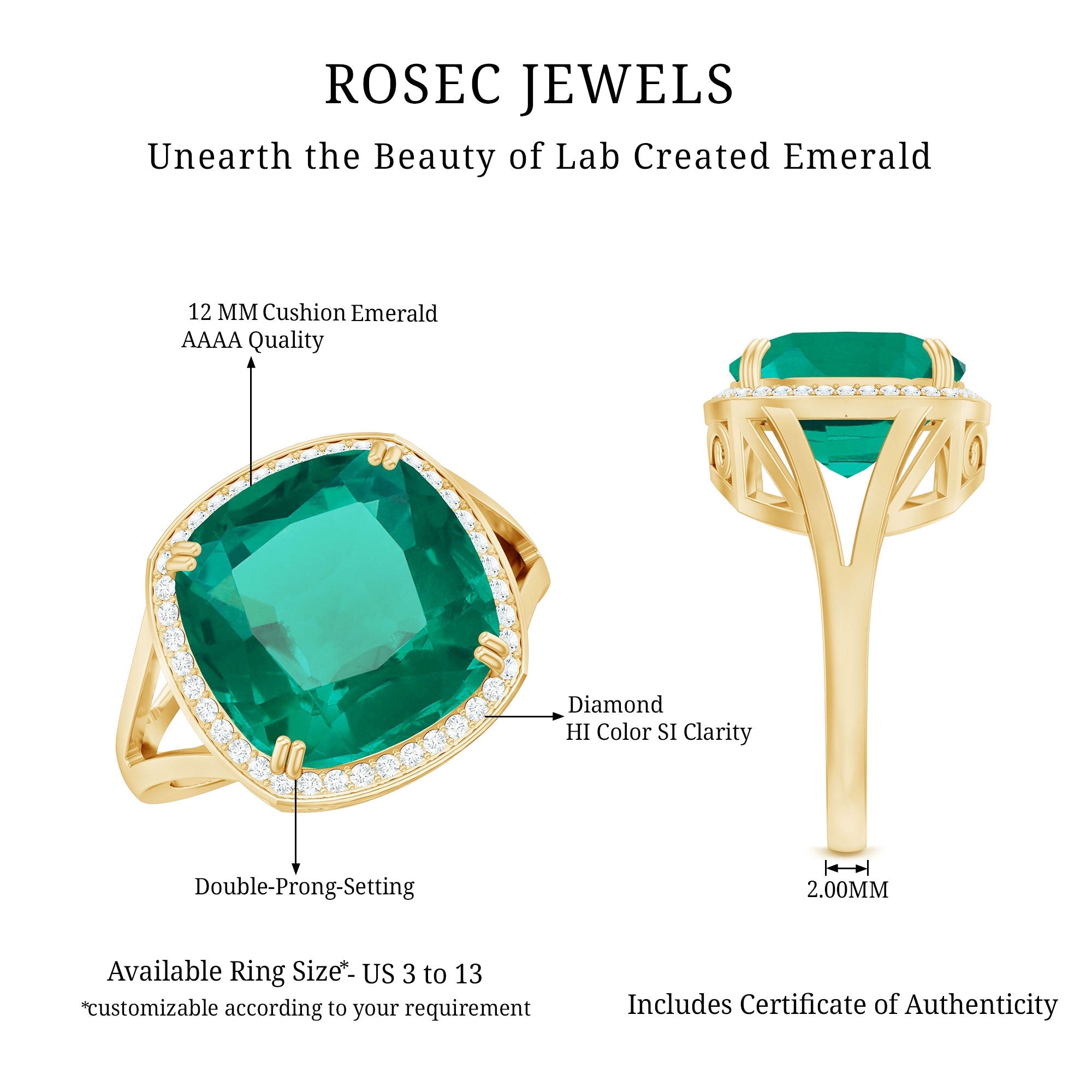 Certified 12 mm Lab Grown Emerald Cushion Cut Engagement with Diamond Halo