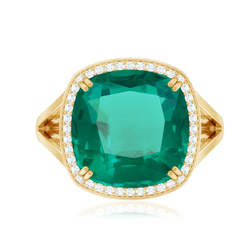 Certified 12 mm Lab Grown Emerald Cushion Cut Engagement with Diamond Halo