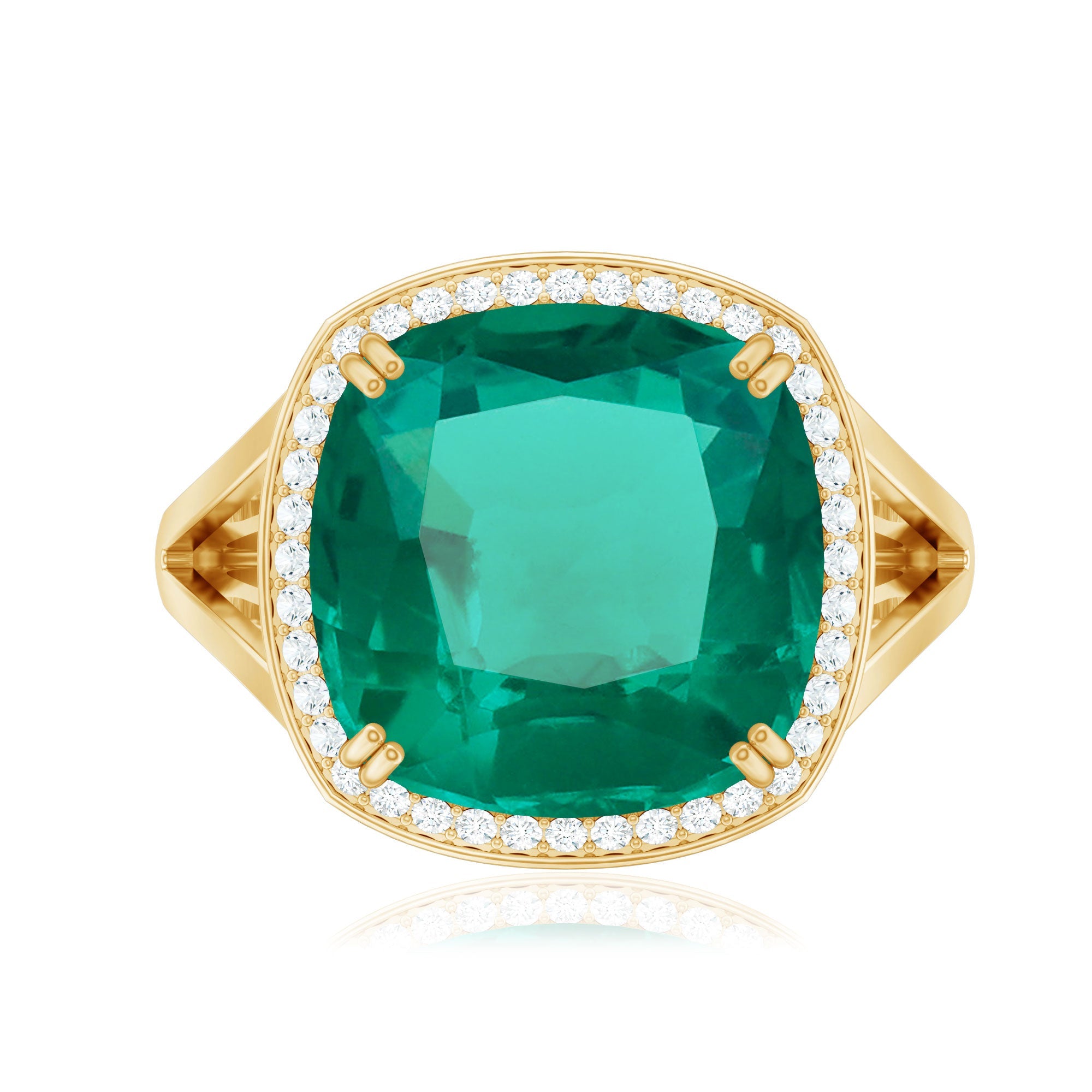 Certified 12 mm Lab Grown Emerald Cushion Cut Engagement with Diamond Halo