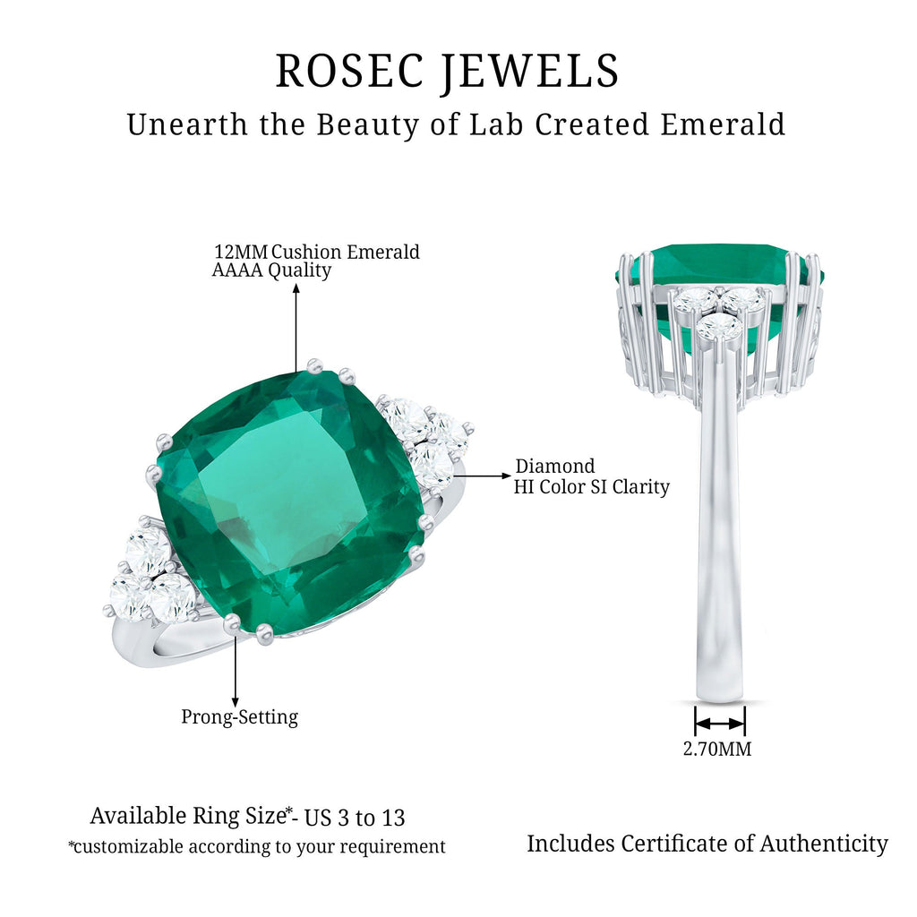Lab Grown Emerald 9 Carat Cushion Cut Engagement Ring with Diamond Trio