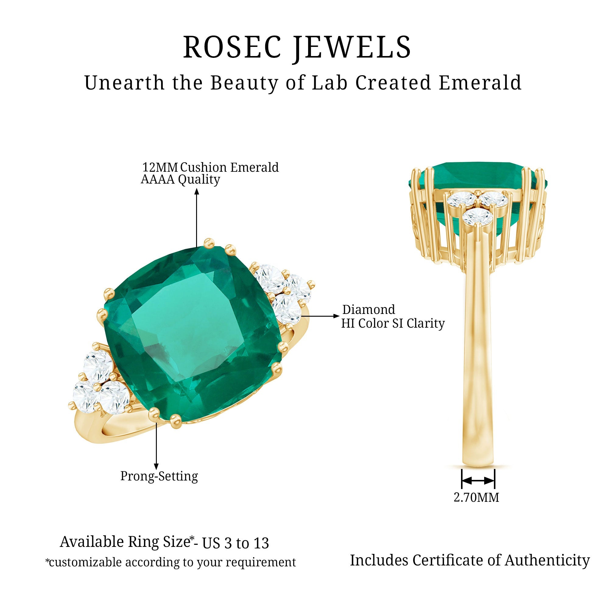 Lab Grown Emerald 9 Carat Cushion Cut Engagement Ring with Diamond Trio