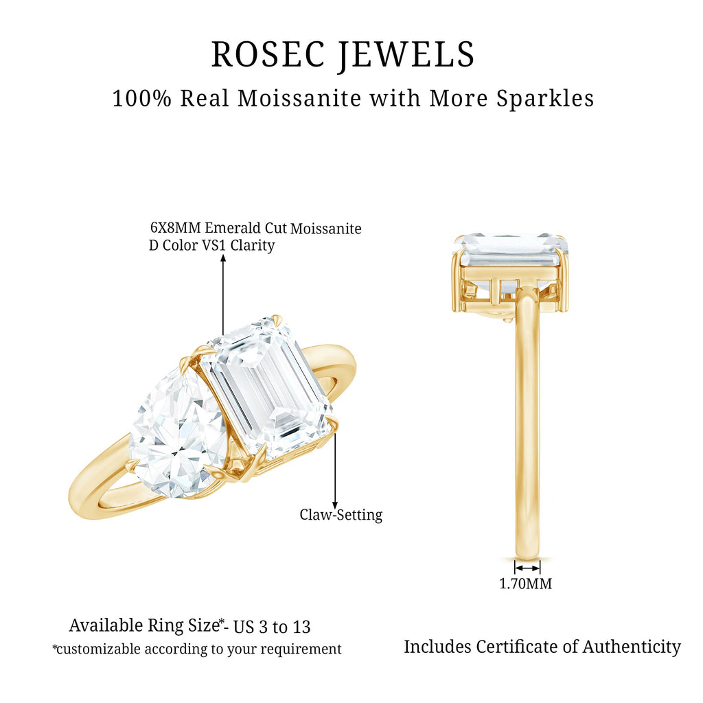 Pear and Emerald Cut Moissanite Toi Et Moi Engagement Ring