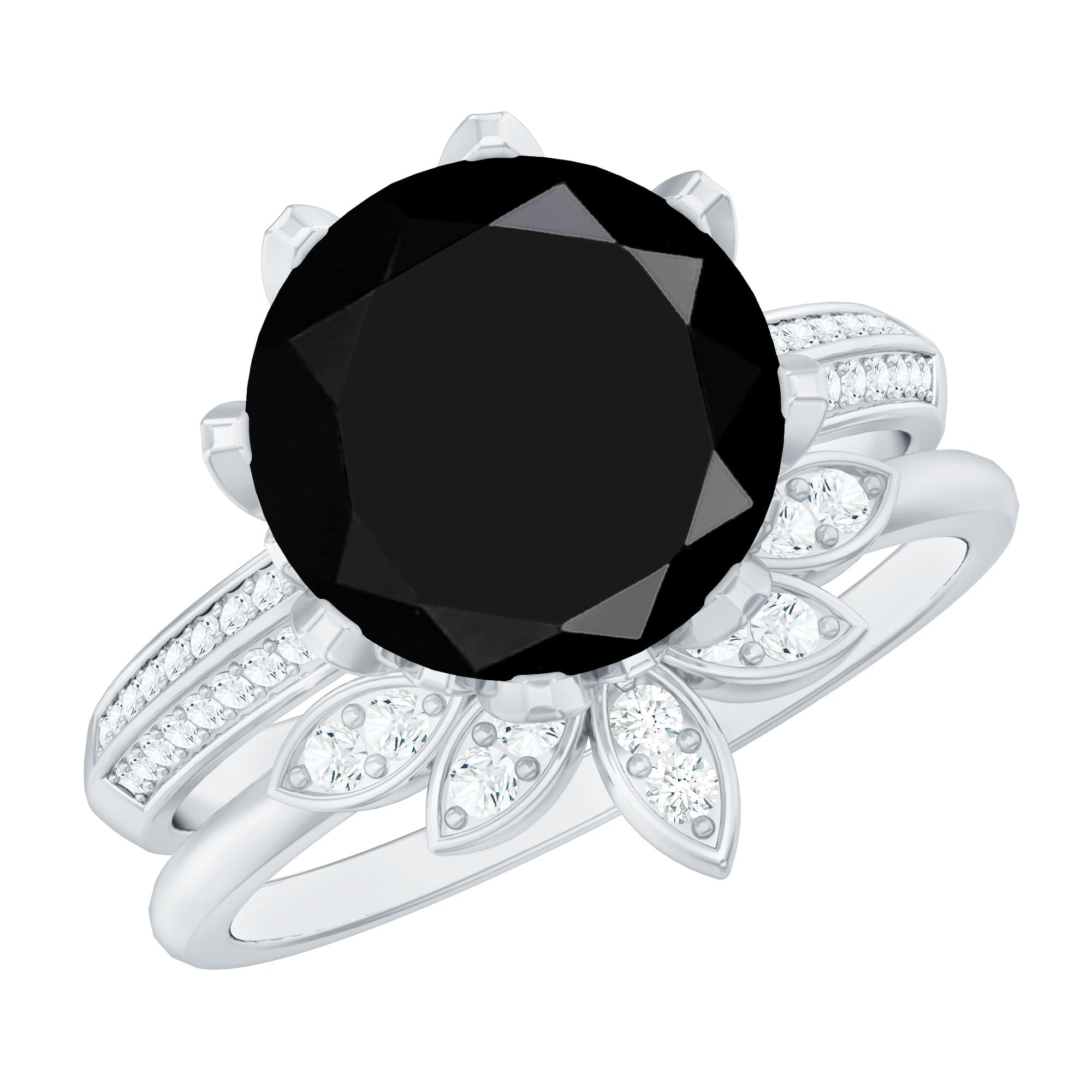 Nature Inspired 4.5 Carat Lab Grown Black and White Diamond Wedding Engagement Ring Set