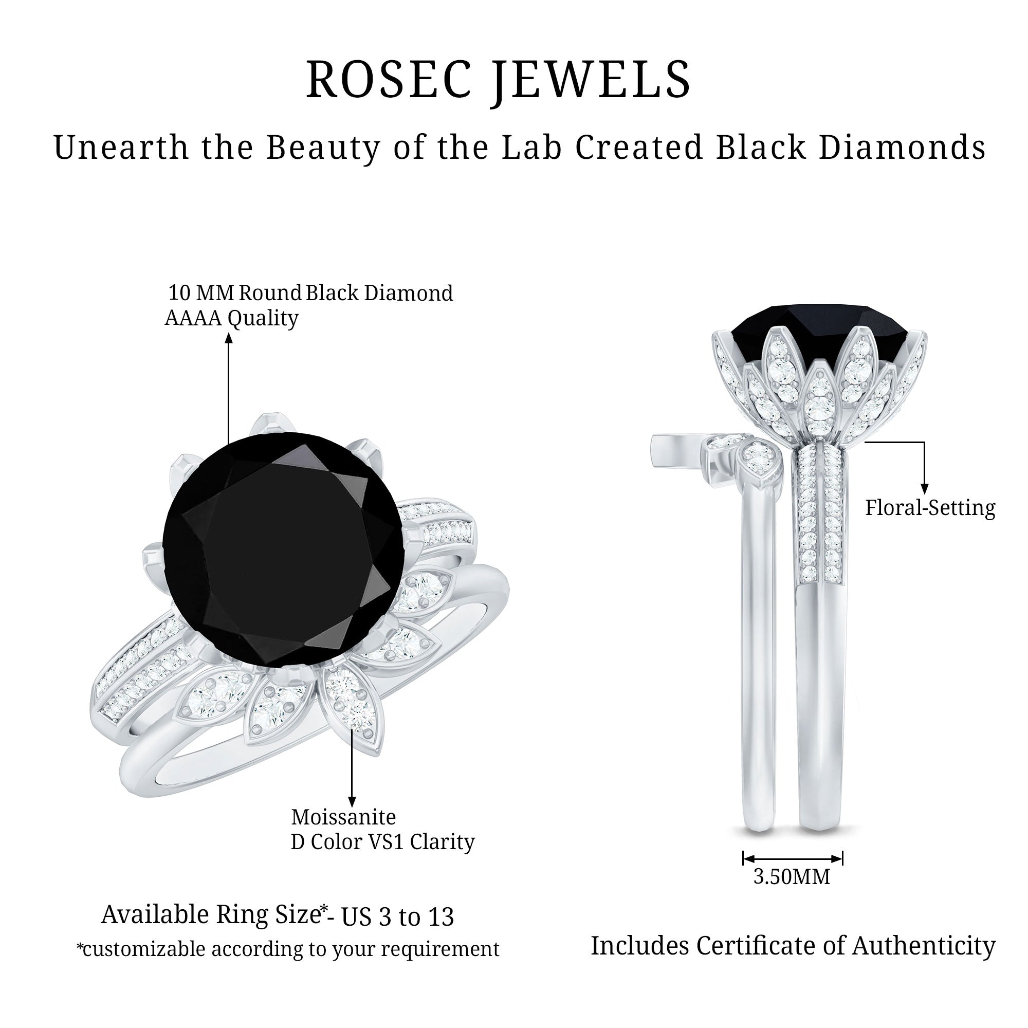 Nature Inspired 4.5 Carat Lab Grown Black and White Diamond Wedding Engagement Ring Set